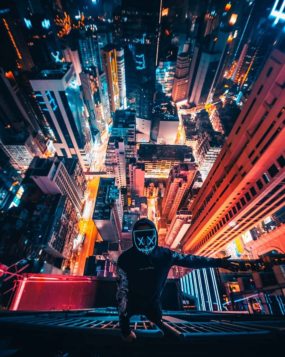 Neon Mask, skyscraper, neon-drenched cityscape, SD Phone Wallpaper
