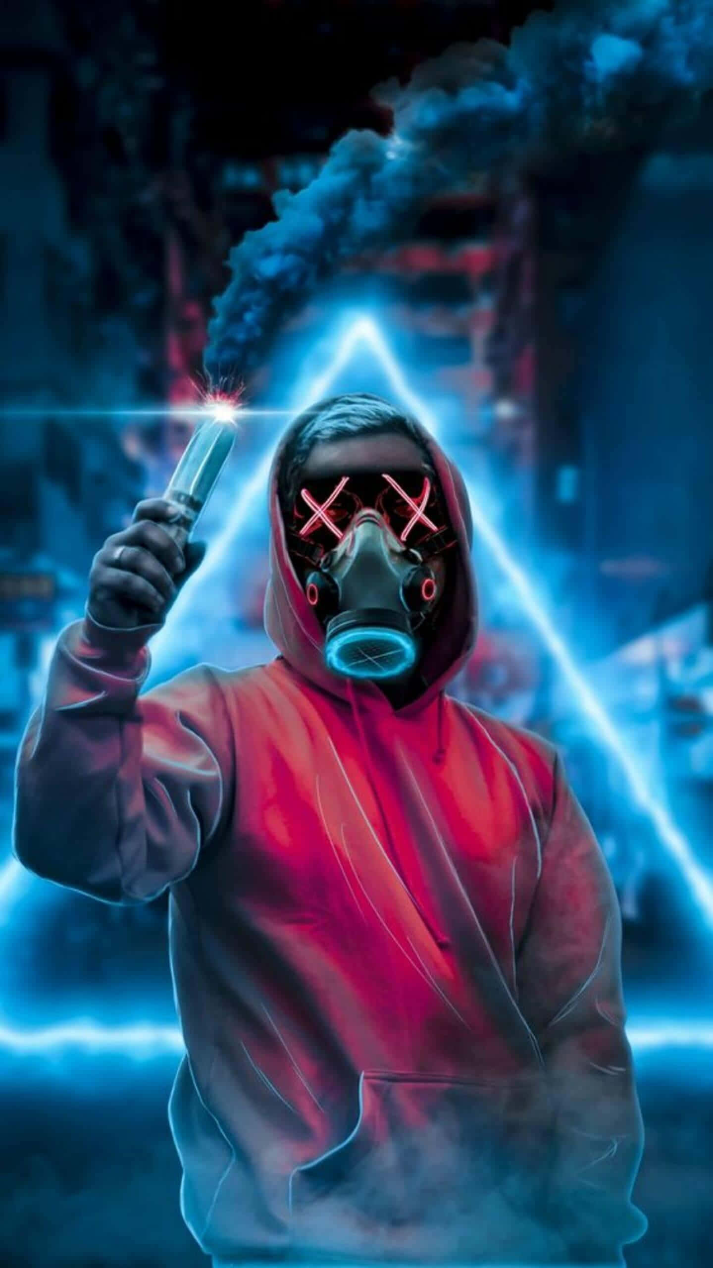 Neon Mask, glowing gas mask, sparking weapon, 2K Phone Wallpaper