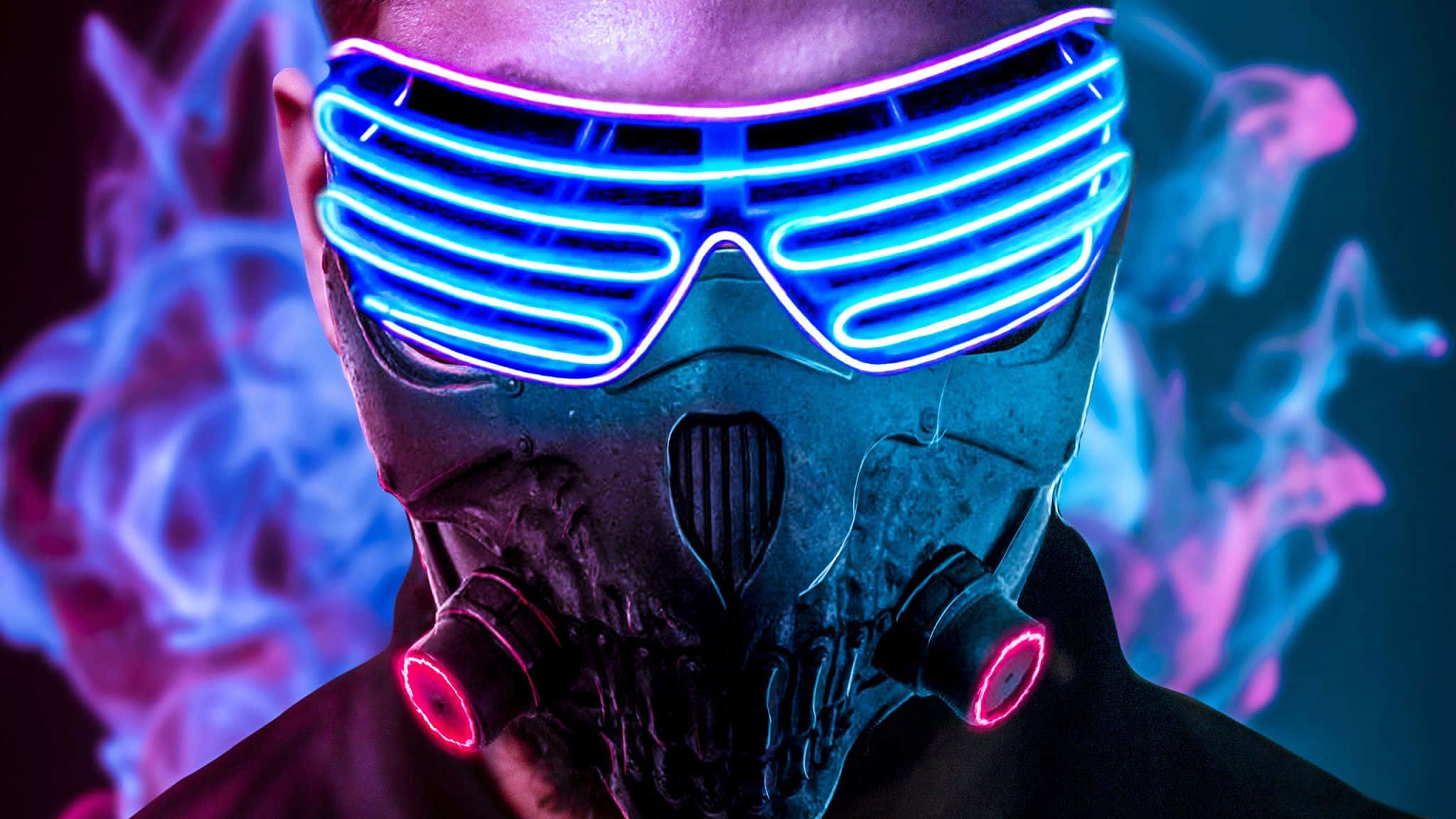 Neon Mask, glowing blue neon mask, red glowing tubes, Full HD Desktop Wallpaper