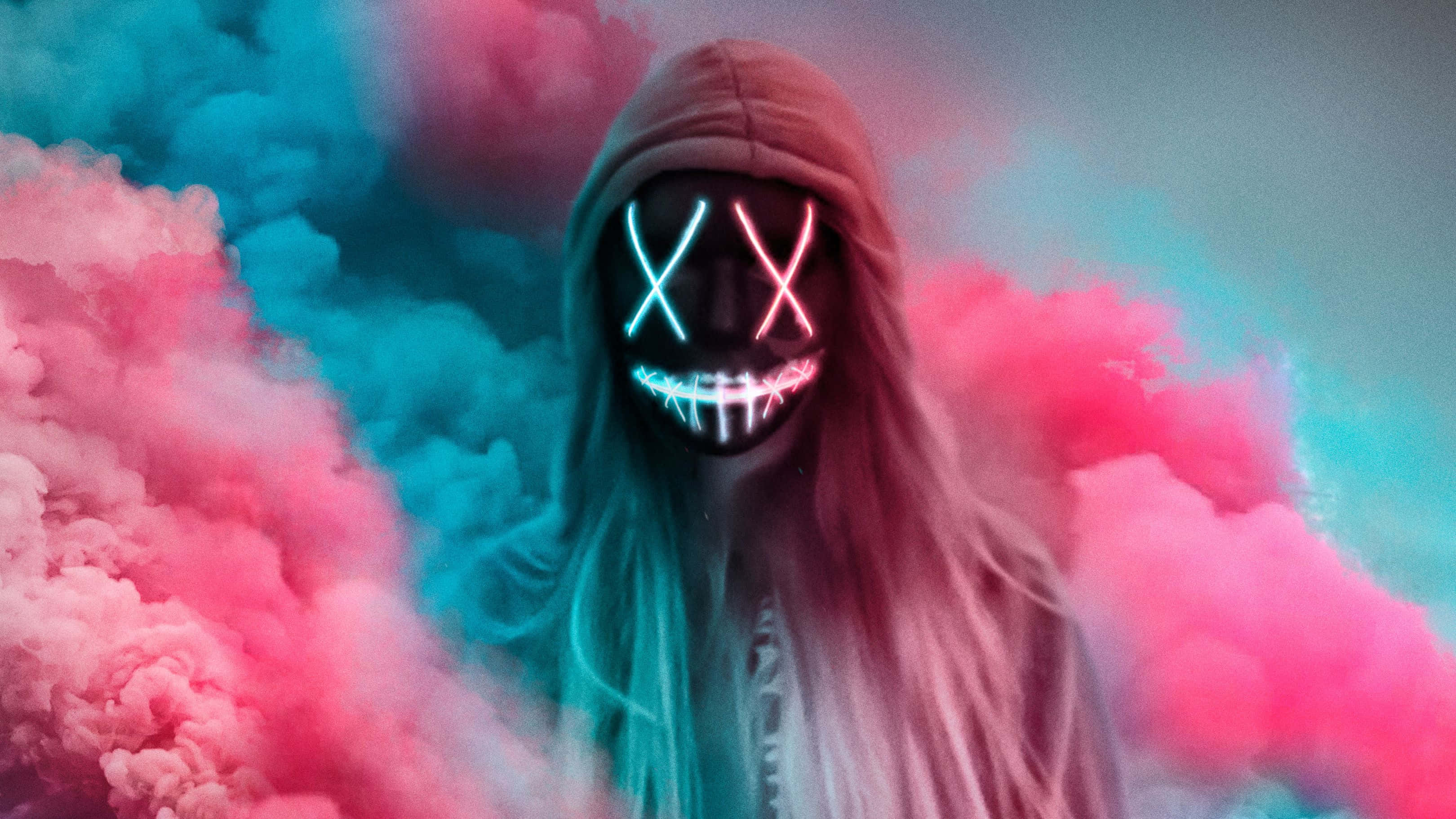 Neon Mask, glowing neon X eyes, teeth, 2K Desktop Wallpaper