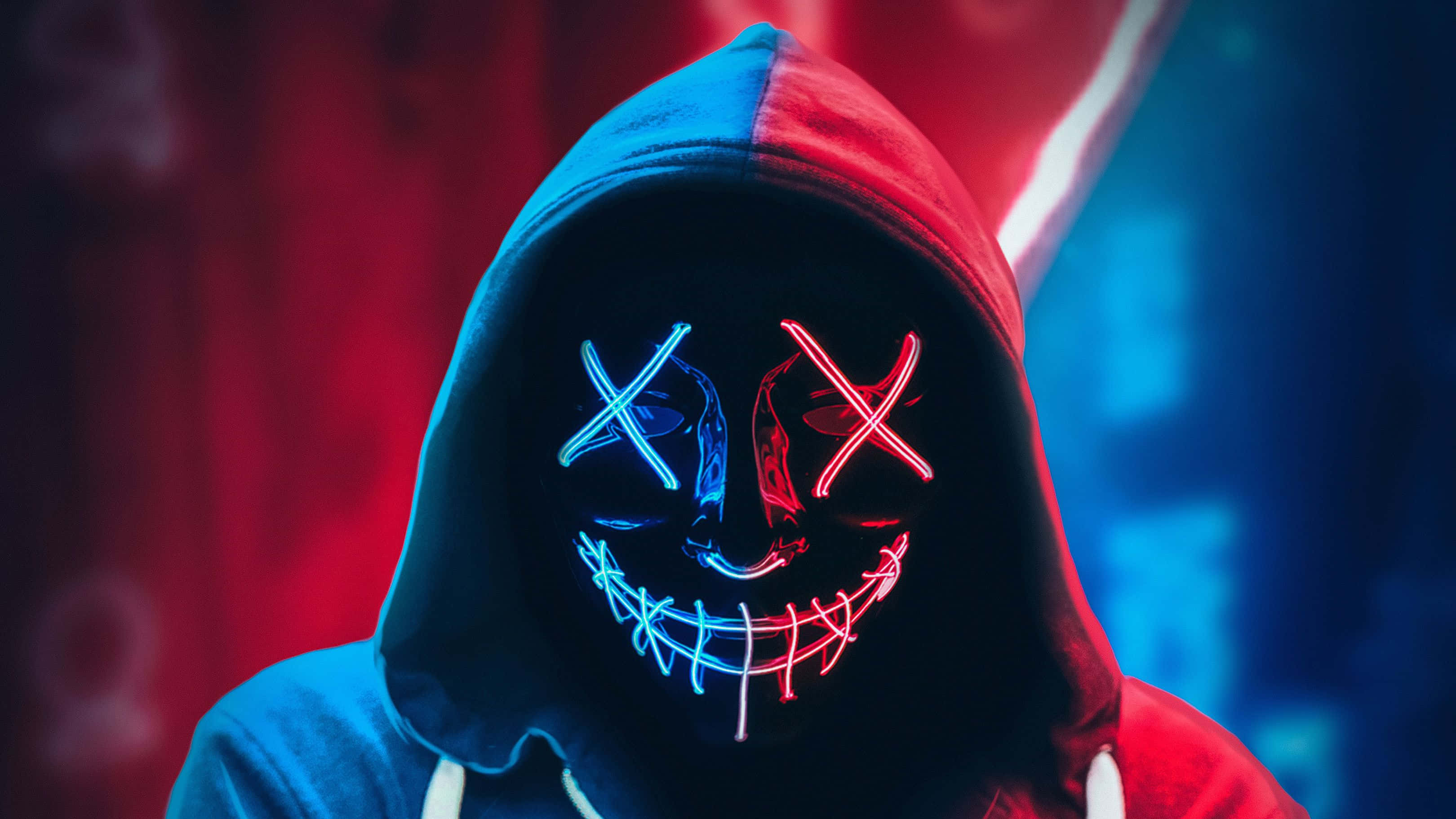 Neon Mask, 3240 x 1823, red and blue X eyes, 2K Desktop Wallpaper