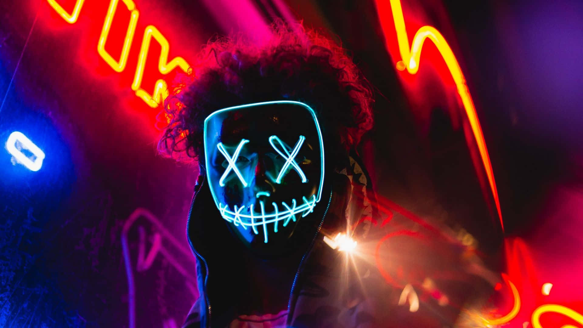 Neon Mask, glowing blue LED mask, X eyes, Full HD Desktop Wallpaper