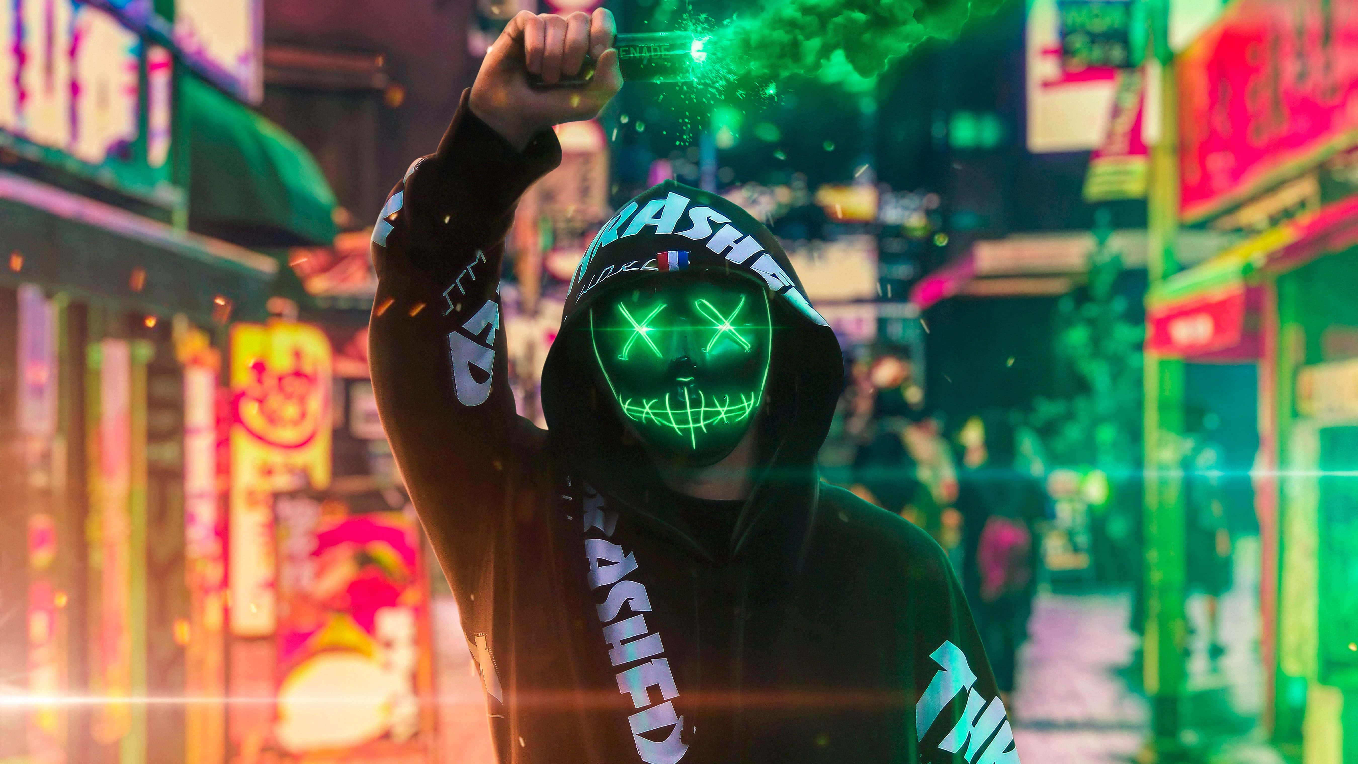 Neon Mask, glowing green mask, neon-lit urban alleyway, 5K Desktop Wallpaper