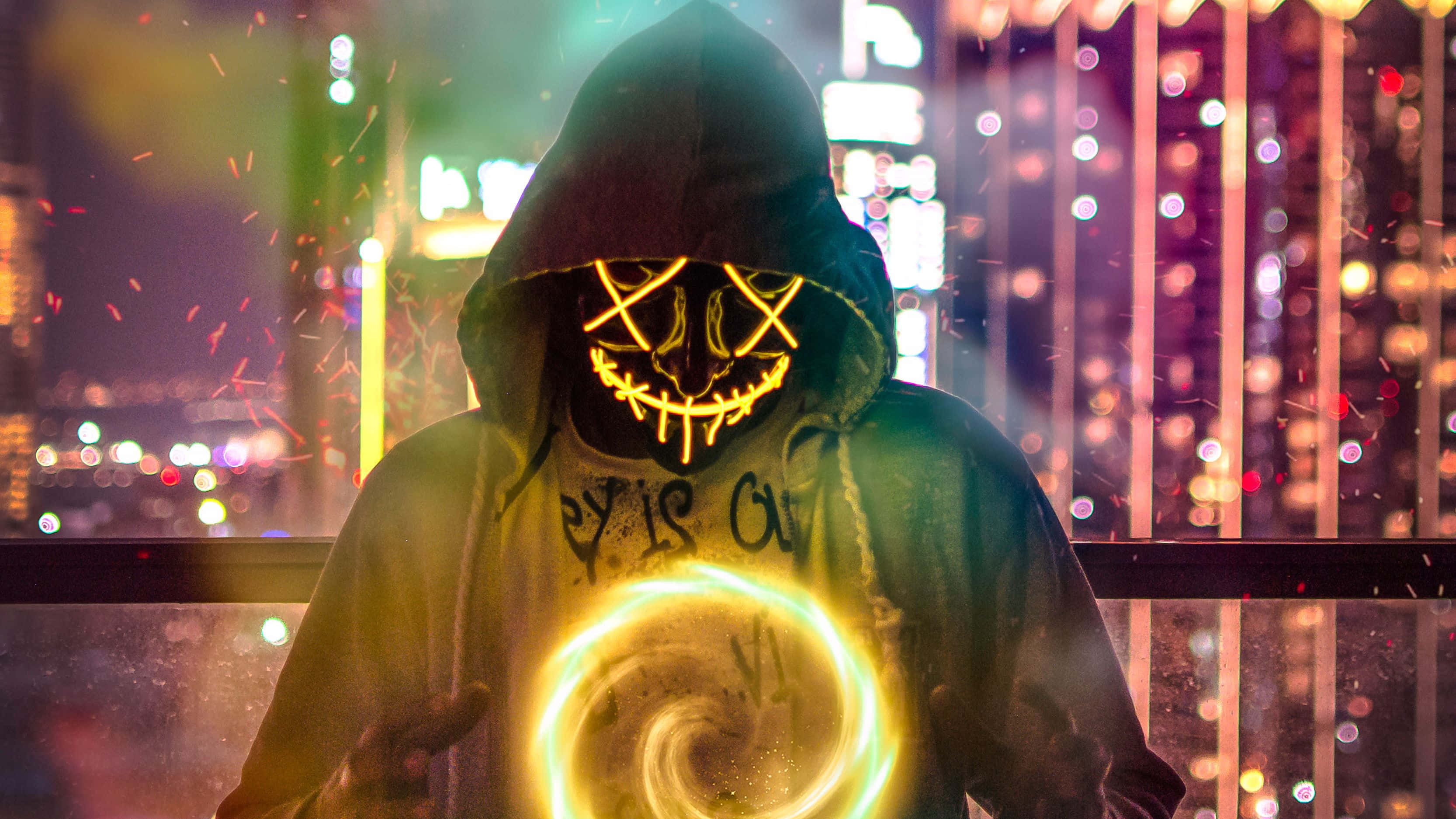 Neon Mask, glowing yellow mask, swirling energy orb, 2K Desktop Wallpaper