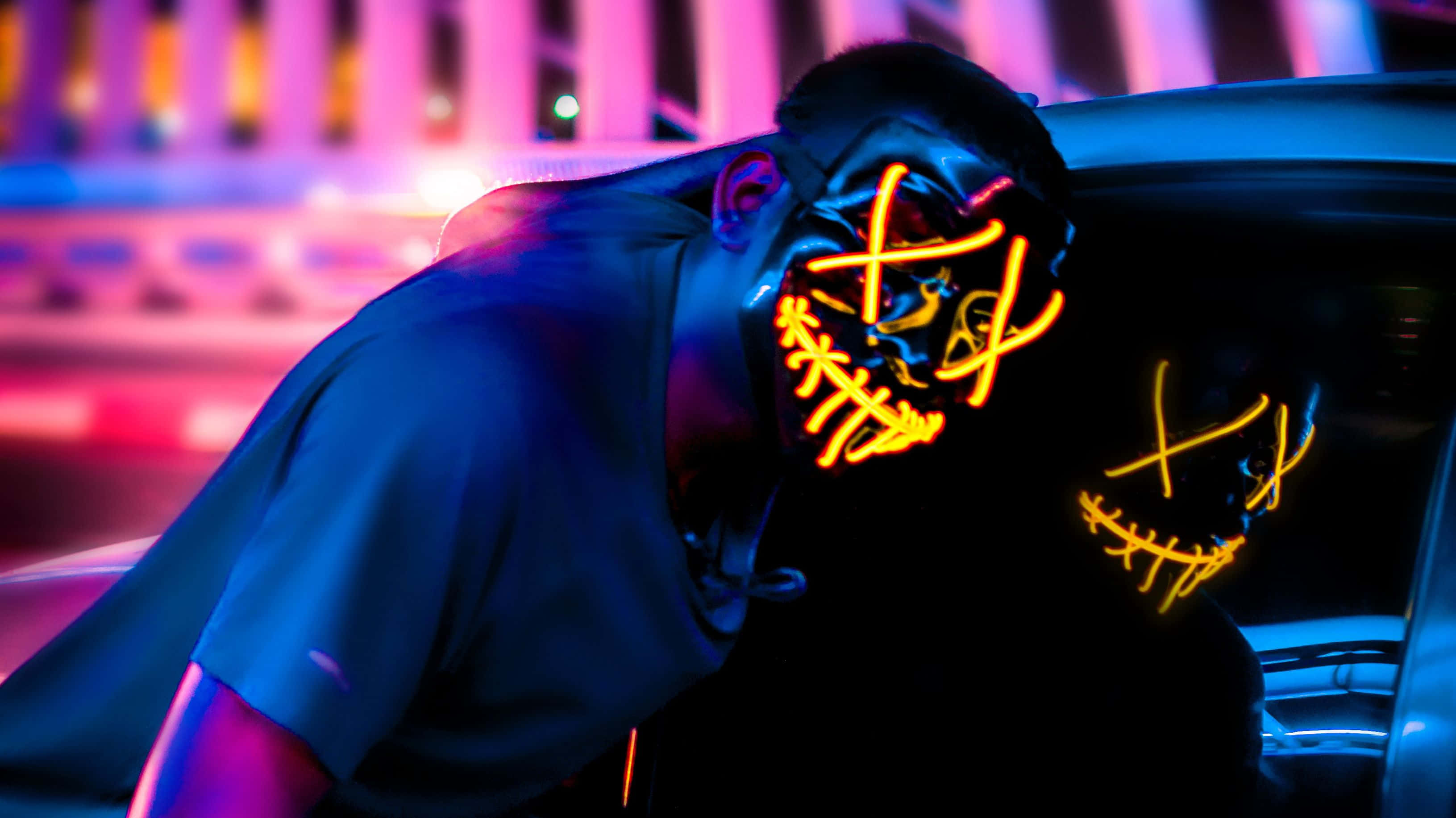 Neon Mask, glowing orange LED mask, car, 2K Desktop Wallpaper