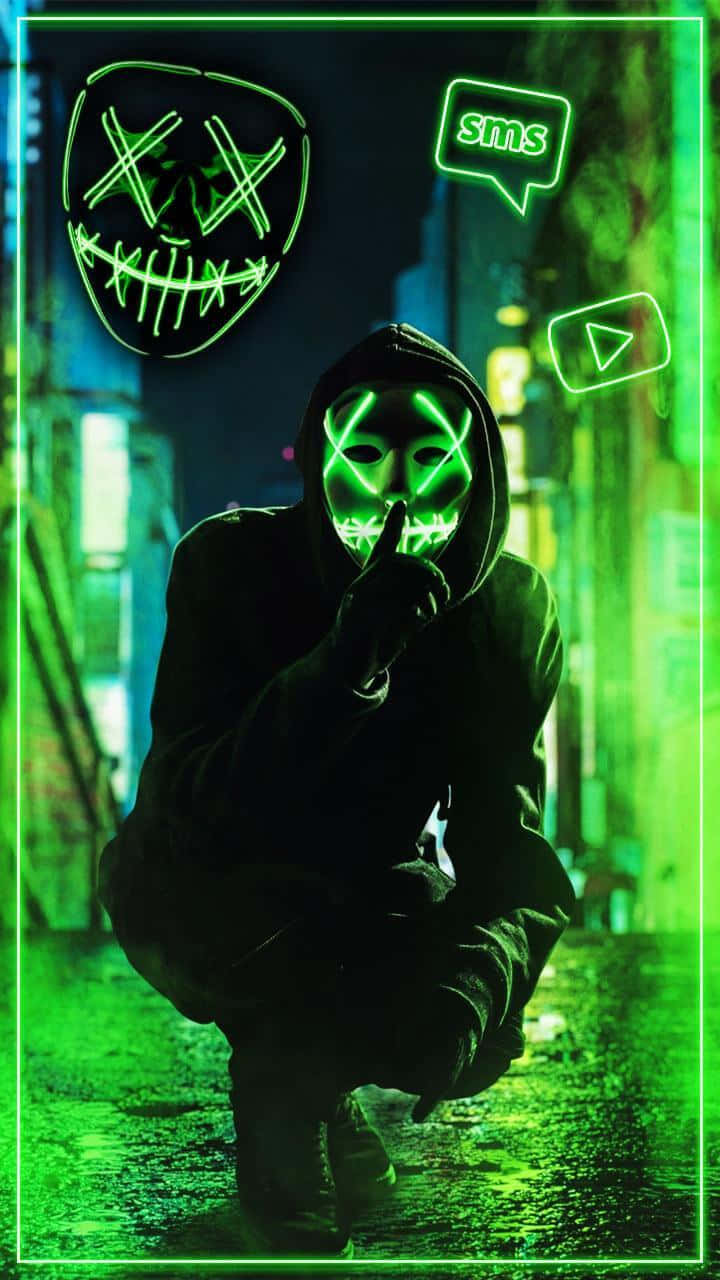 Neon Mask, glowing green mask, neon-lit urban alley, HD Phone Wallpaper