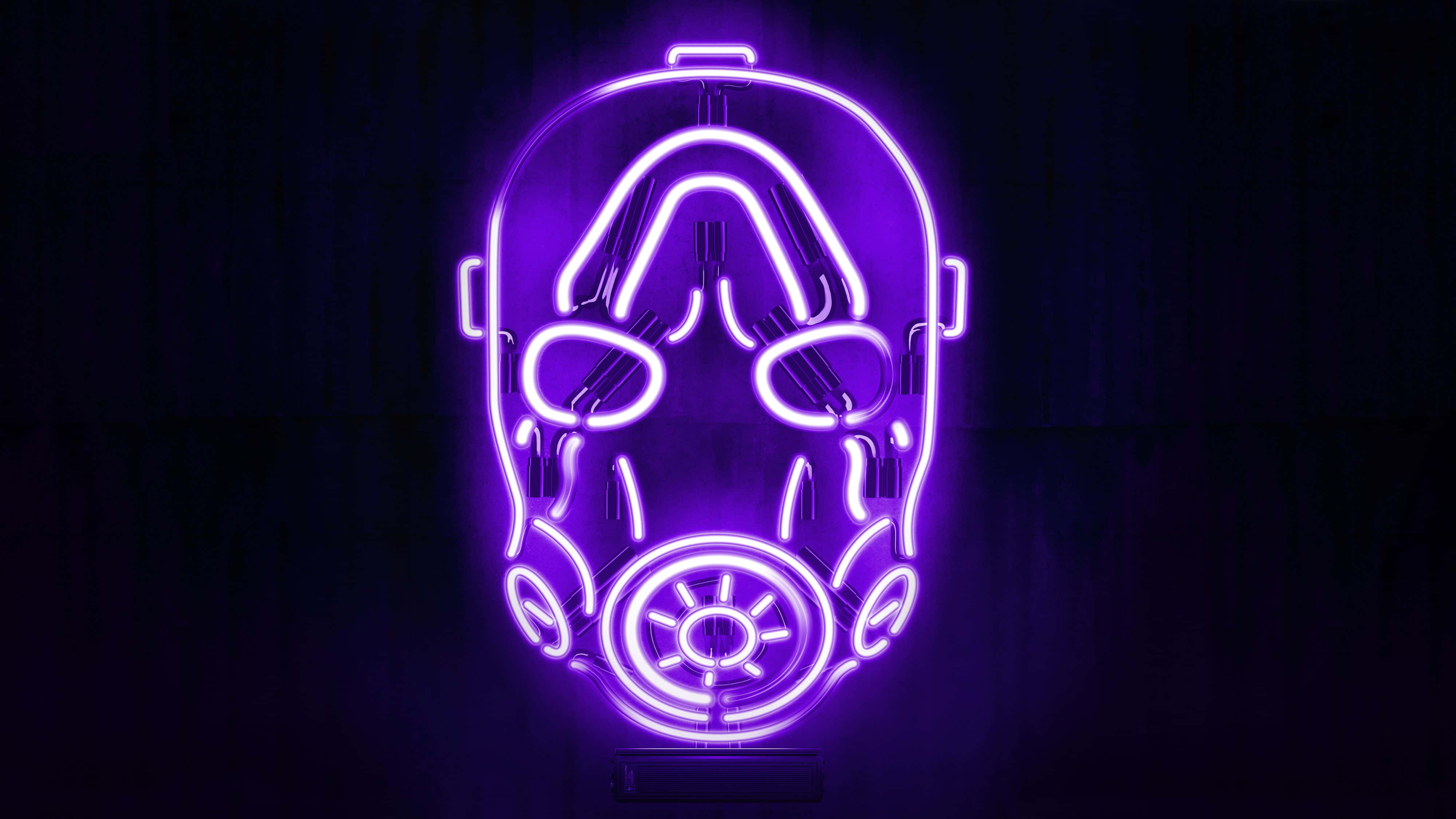 Neon Mask 4000, purple neon gas mask, dark textured wall, 4K Desktop Wallpaper
