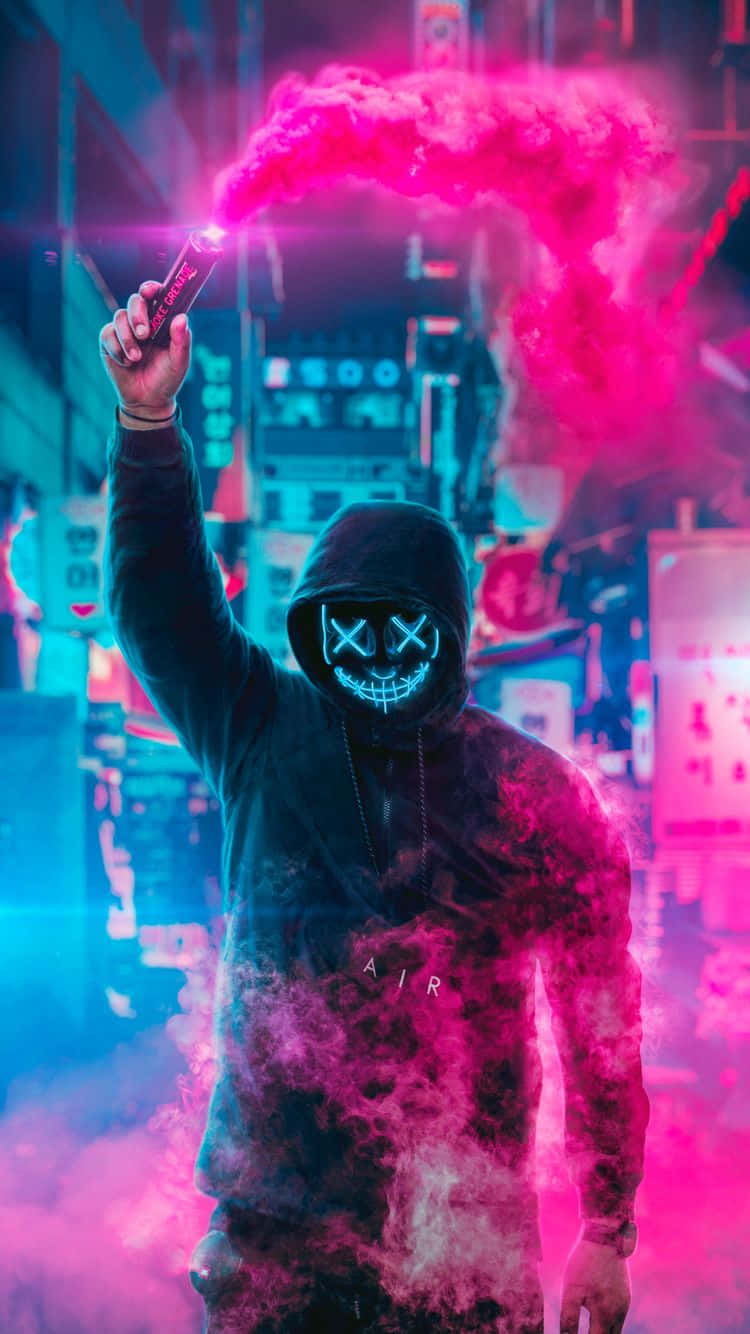 Neon Mask, glowing X eyes, pink smoke bomb, HD Phone Wallpaper