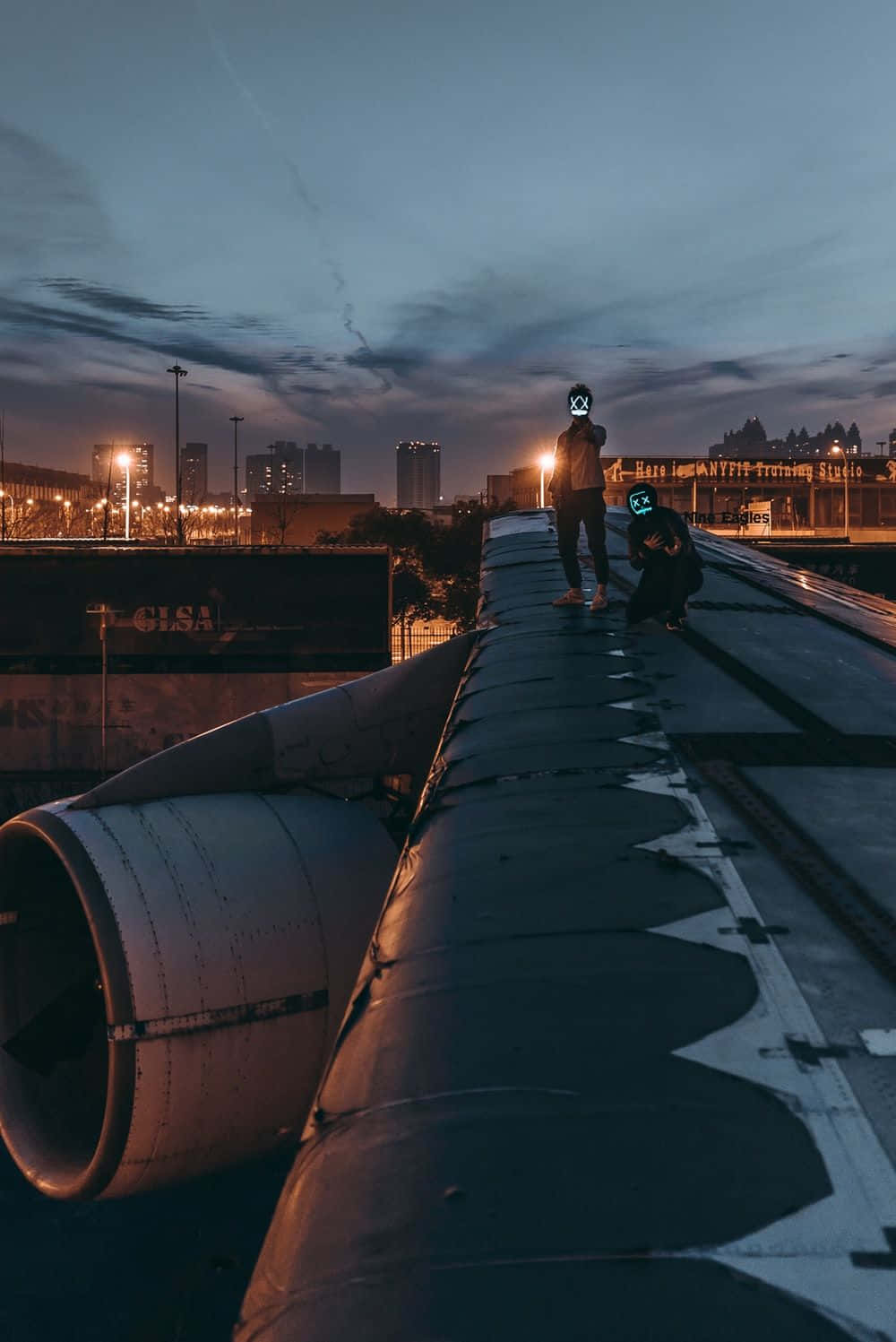 Neon Mask, airplane wing, twilight, HD Phone Wallpaper