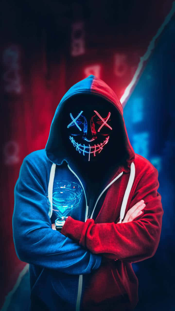 Neon Mask, red and blue hoodie, glowing neon mask, HD Phone Wallpaper