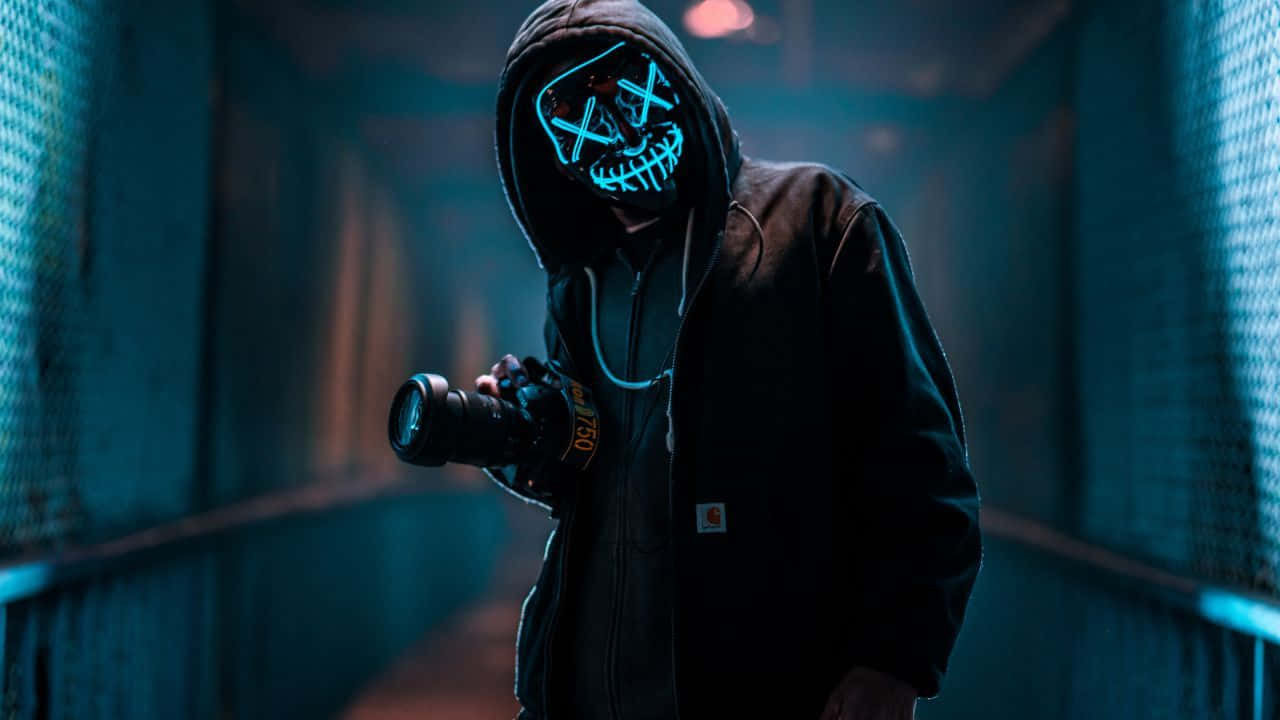 Neon Mask, glowing blue skull mask, hoodie, HD Desktop Wallpaper