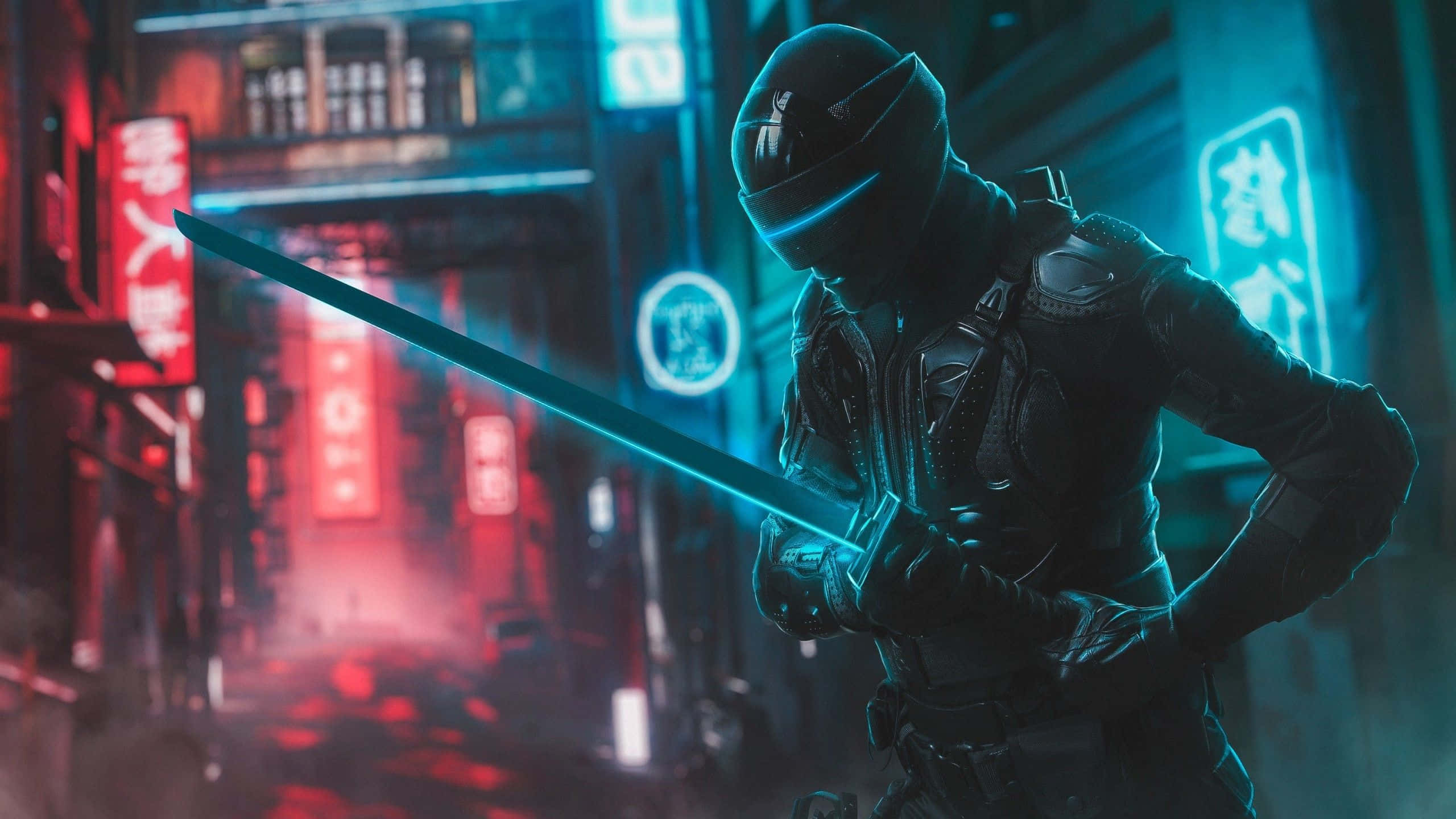 Neon Mask, cyberpunk alley, glowing blue sword, 2K Desktop Wallpaper