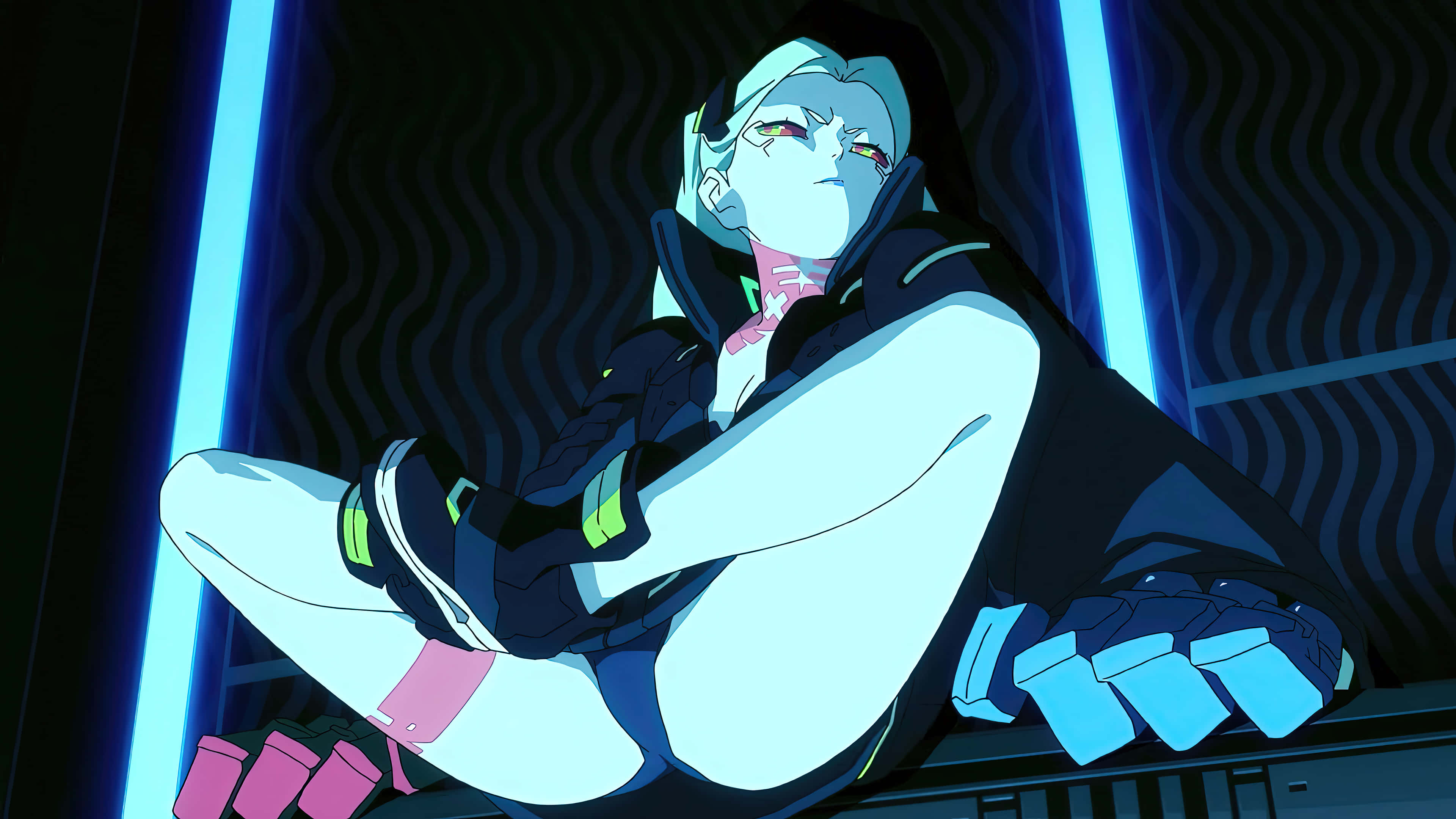 cyberpunk anime character, glowing eyes, neon-lit room, 4K Desktop Wallpaper