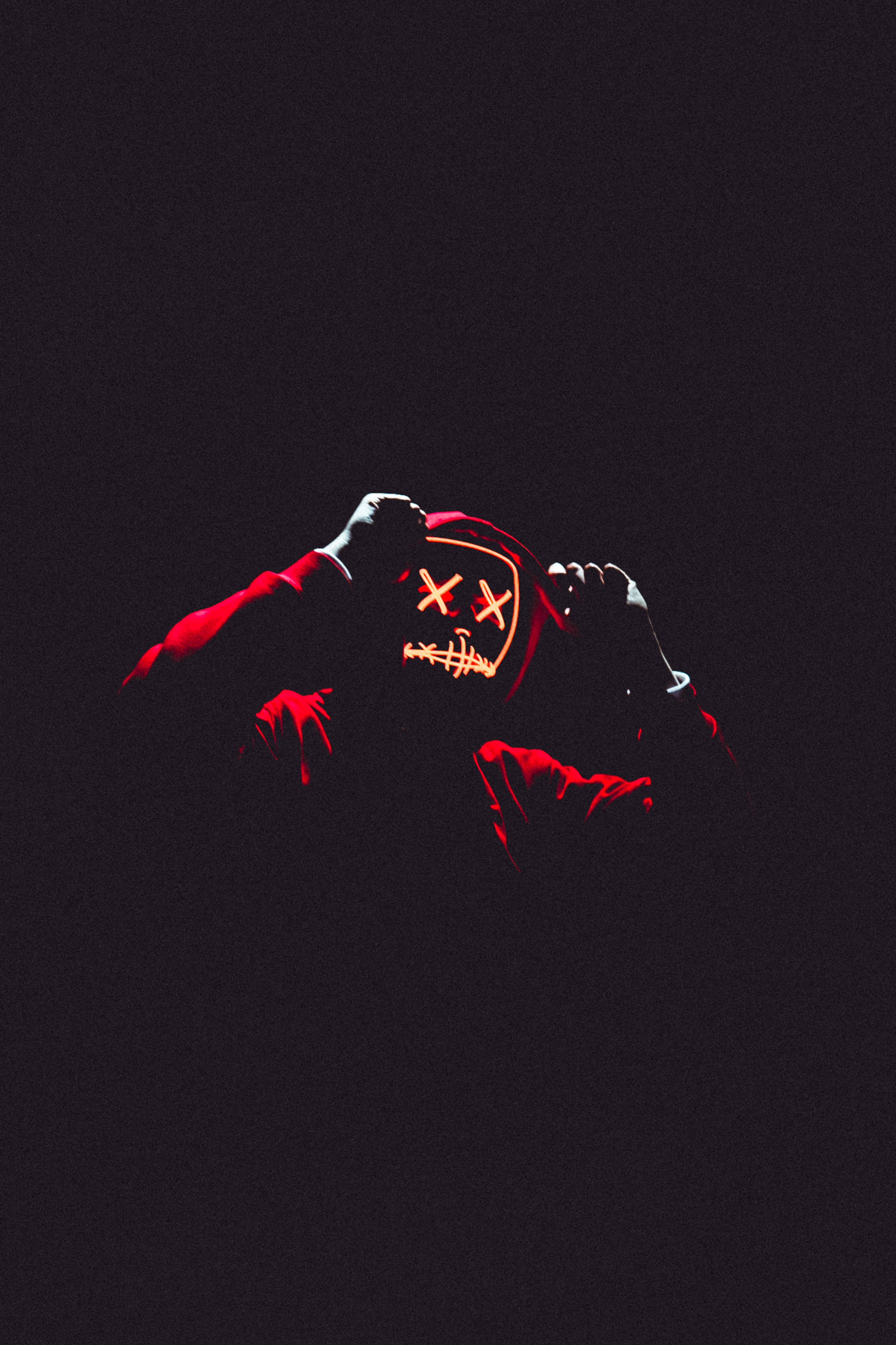 Neon Mask, red hoodie, glowing orange mask, 5K Phone Wallpaper