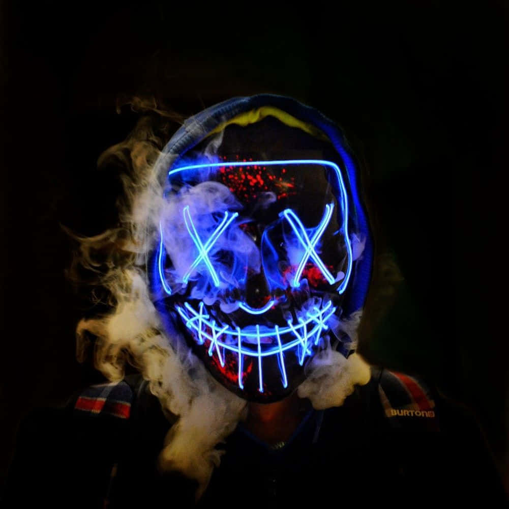 Neon Mask, glowing blue LED skull mask, red splatter details, SD Desktop Wallpaper
