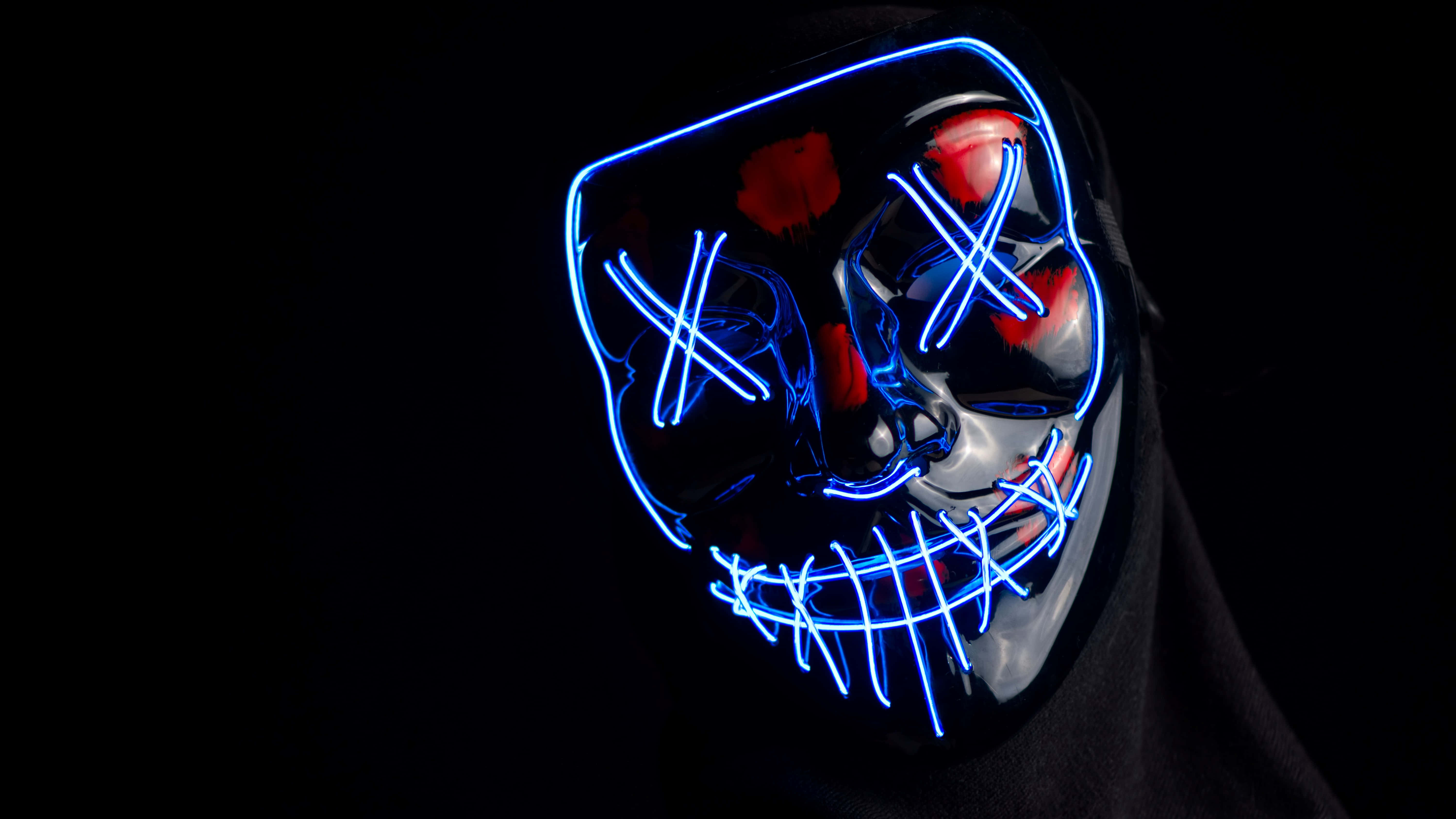 blue red neon skull mask, glowing blue LED mask, X eyes, 5K Desktop Wallpaper
