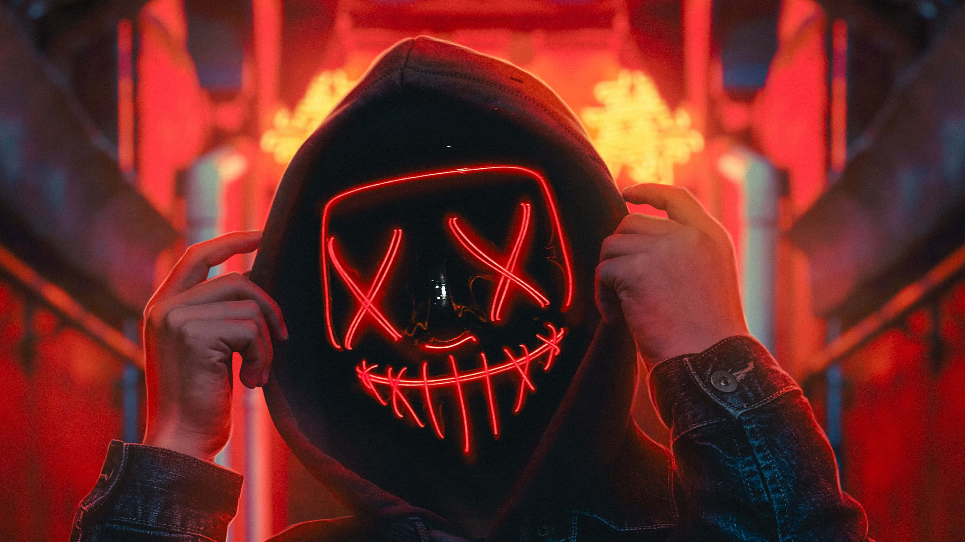 neon mask, hoodie, glowing red neon mask, 2K Desktop Wallpaper