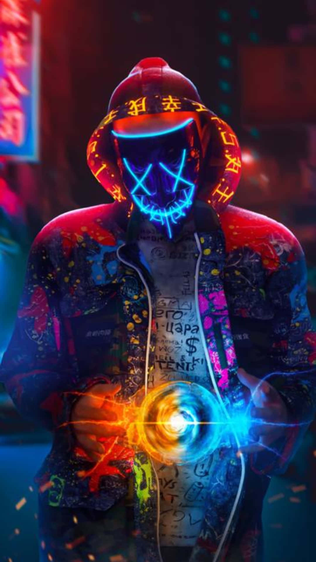 neon-lit figure, hoodie, glowing blue face mask, Full HD Phone Wallpaper