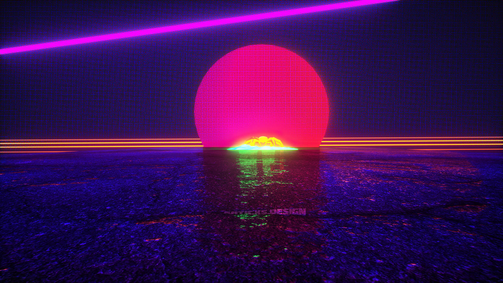 Neon Moon, horizontal lines, glowing pink pixelated sun, HD Desktop Wallpaper