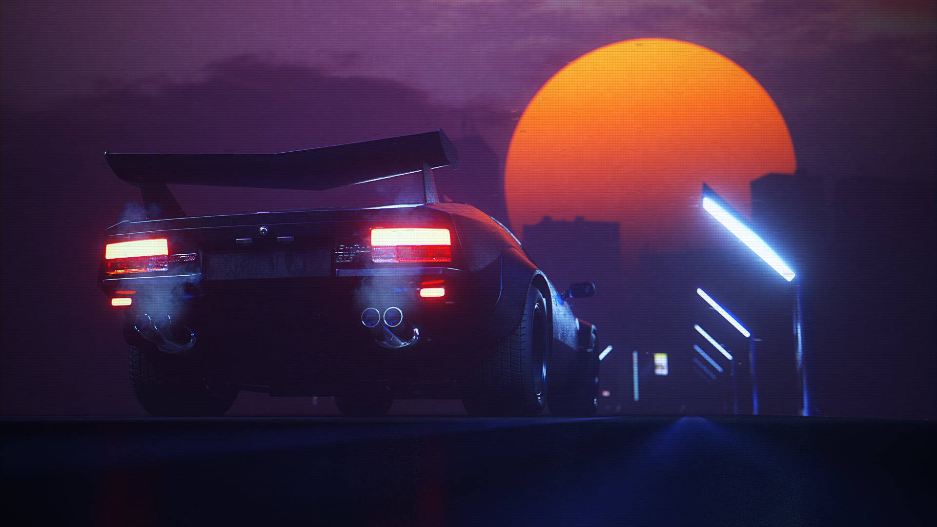 Retro Wave Neon Moon, sleek black sports car, glowing red taillights, Full HD Desktop Wallpaper
