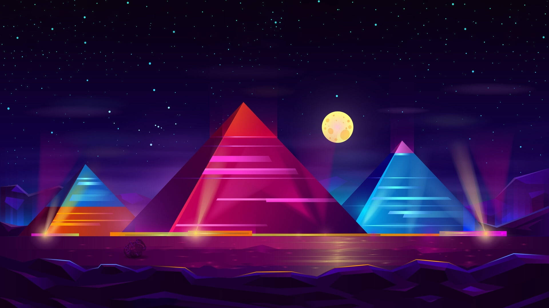 Neon Moon, pyramids, starry night sky, Full HD Desktop Wallpaper