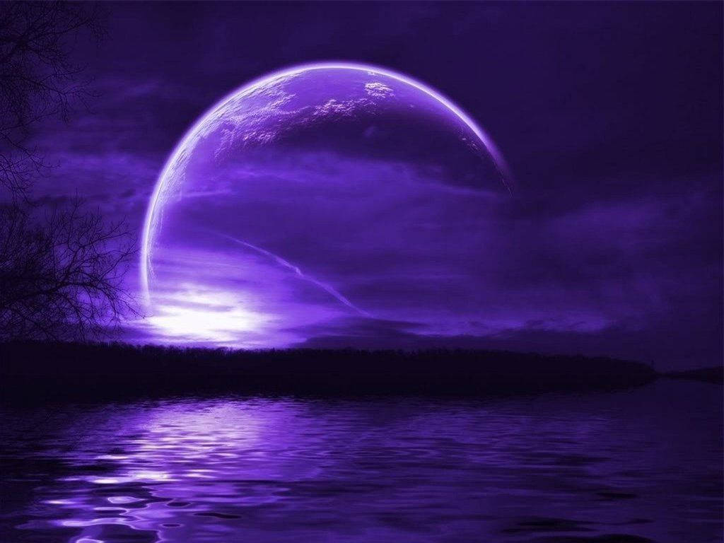 Neon Moon, glowing purple moon, dark lake, SD Desktop Wallpaper