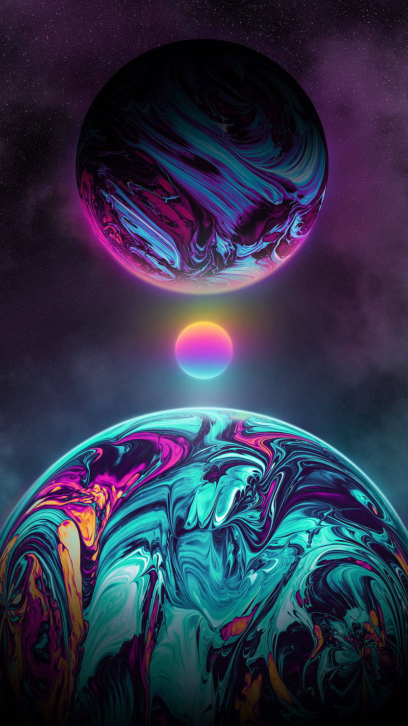Neon Moon, bright planets, neon teal, HD Phone Wallpaper