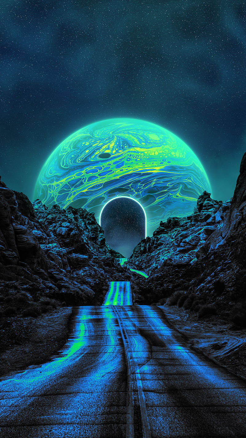 glow in the dark neon moon, neon-green planet, swirling neon-green planet, HD Phone Wallpaper
