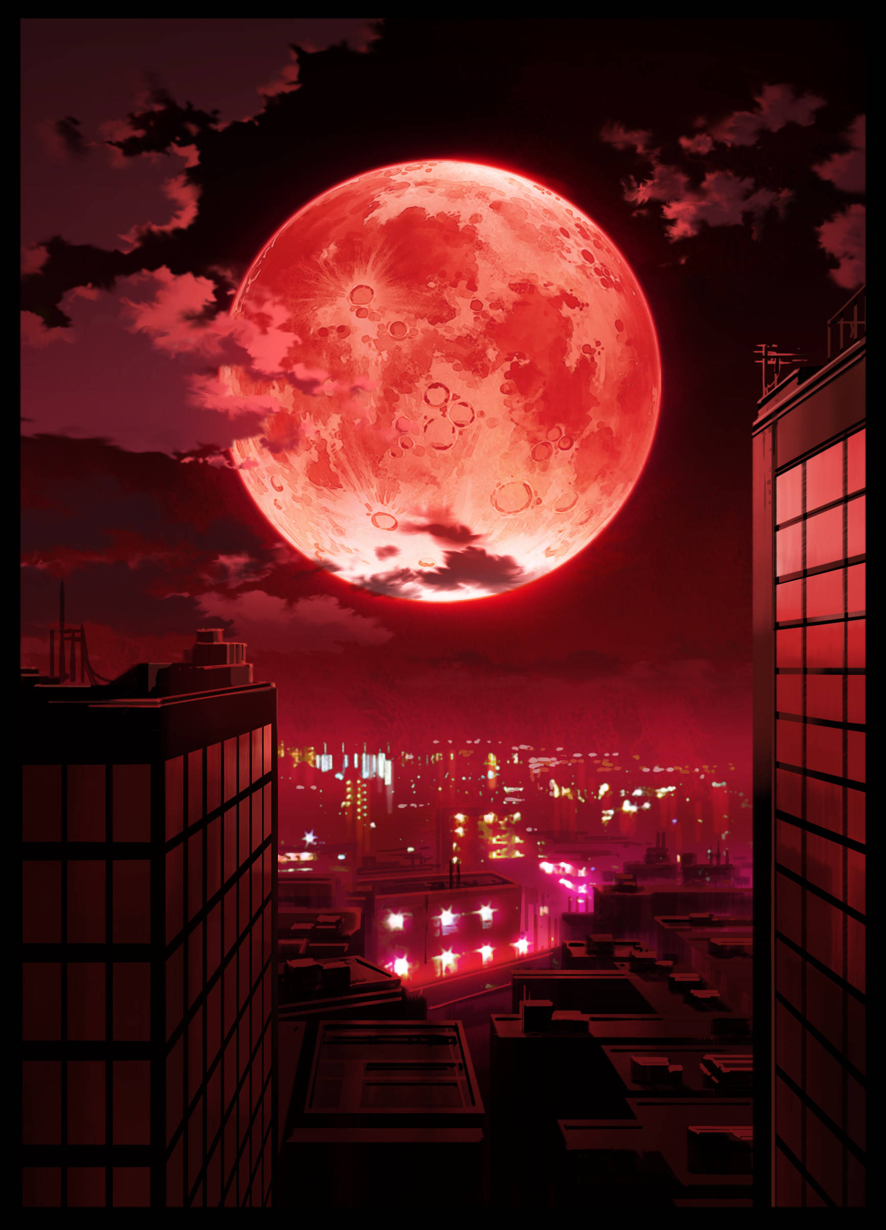 Neon Moon, red moon, neon-lit cityscape, Full HD Phone Wallpaper