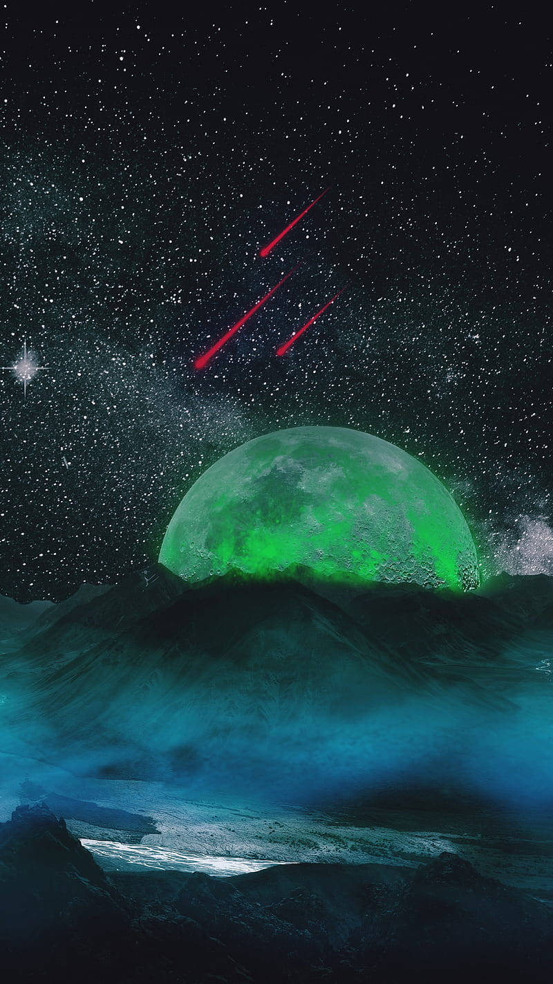 Neon Moon, green planet, dark mountains, HD Phone Wallpaper