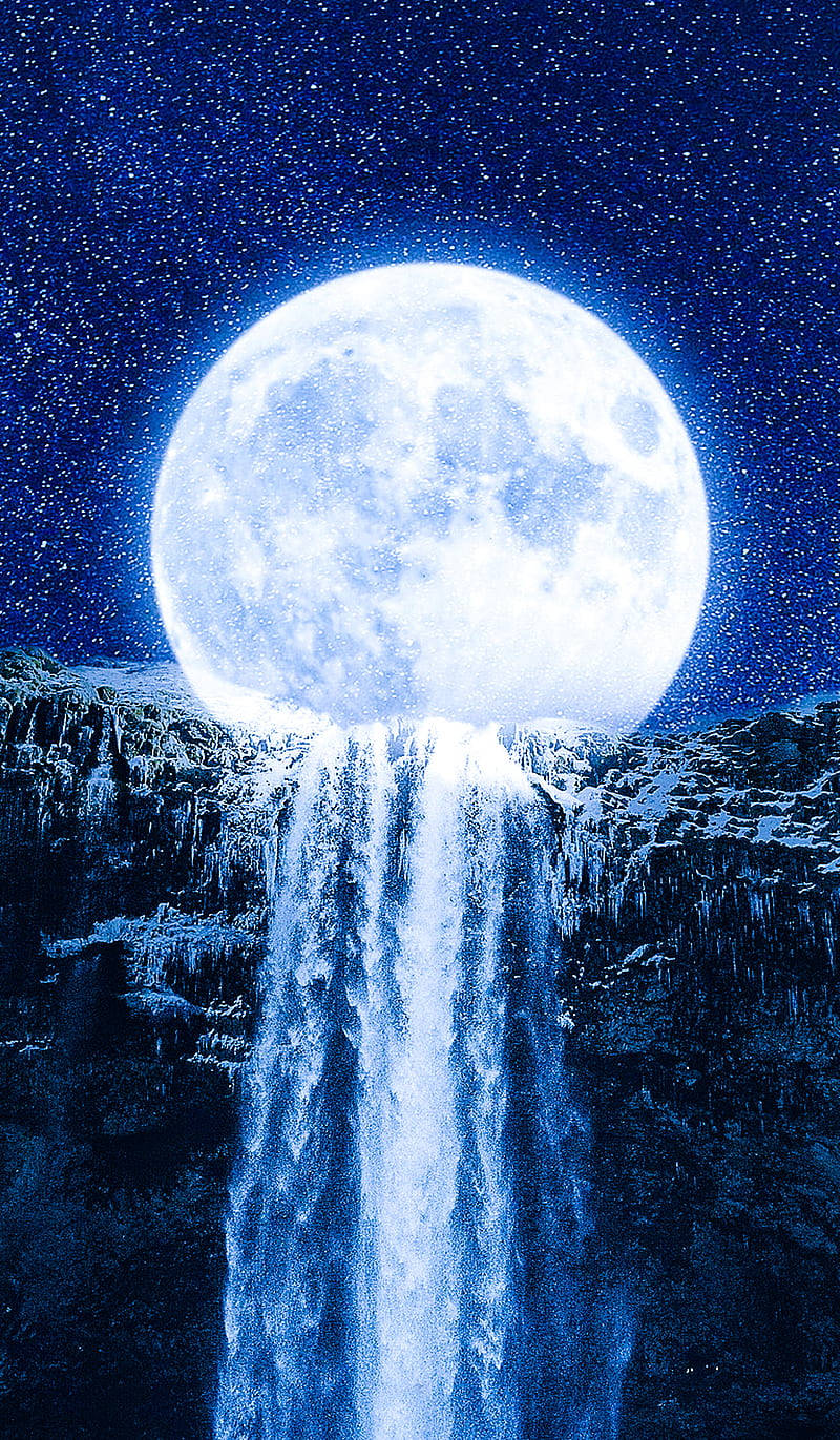 Neon Moon, full moon, waterfall, HD Phone Wallpaper