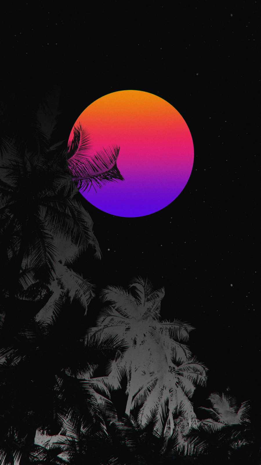 tricolored neon moon, orange pink and purple, palm trees, HD Phone Wallpaper