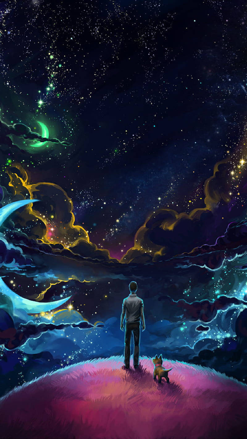 Dreamy Neon Moon, glowing hill, vibrant cosmic sky, HD Phone Wallpaper