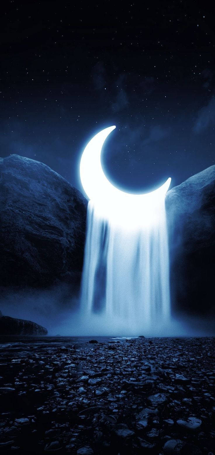 melting neon moon, luminous crescent moon, glowing waterfall, HD Phone Wallpaper