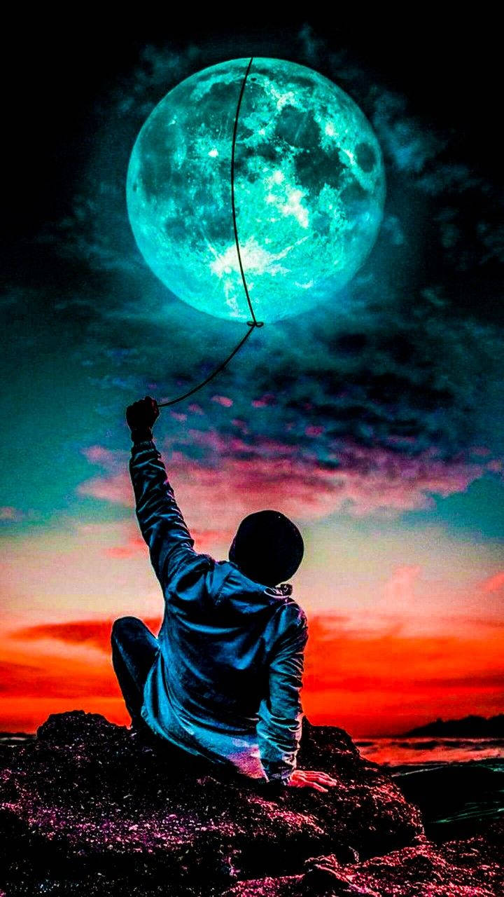 Neon Moon, orange sunset, rocky shore, HD Phone Wallpaper