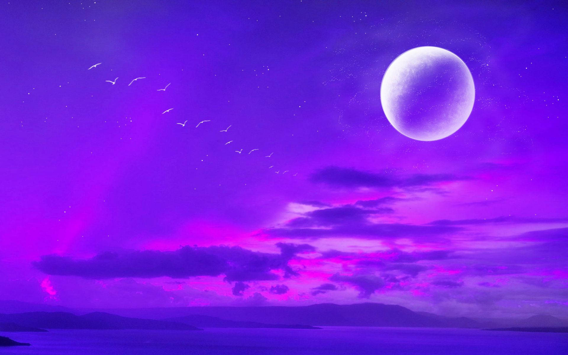 Neon Moon, Purple Sky, glowing moon, Full HD Desktop Wallpaper