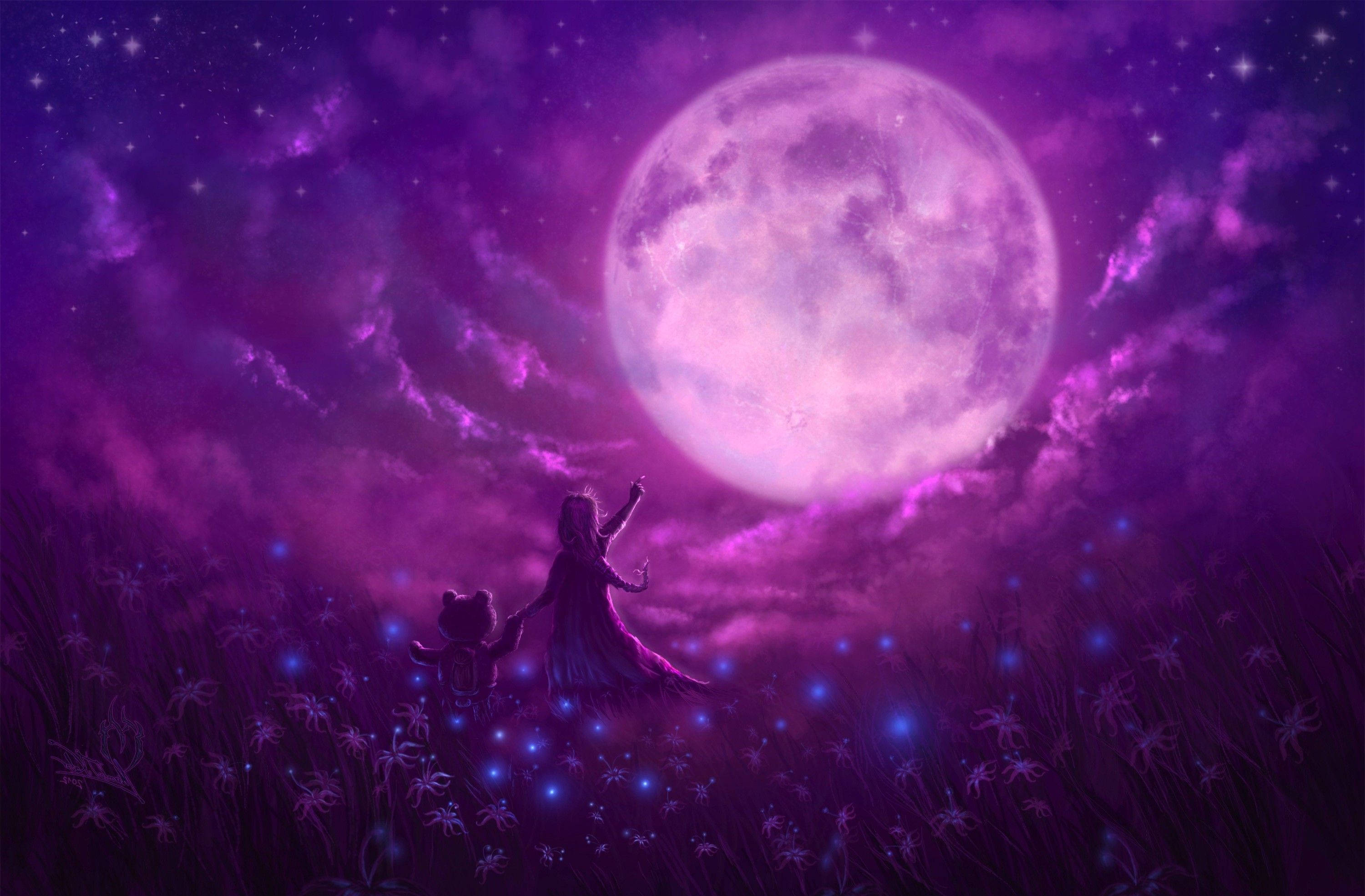 Neon Moon, glowing purple field, massive luminous moon, 2K Desktop Wallpaper