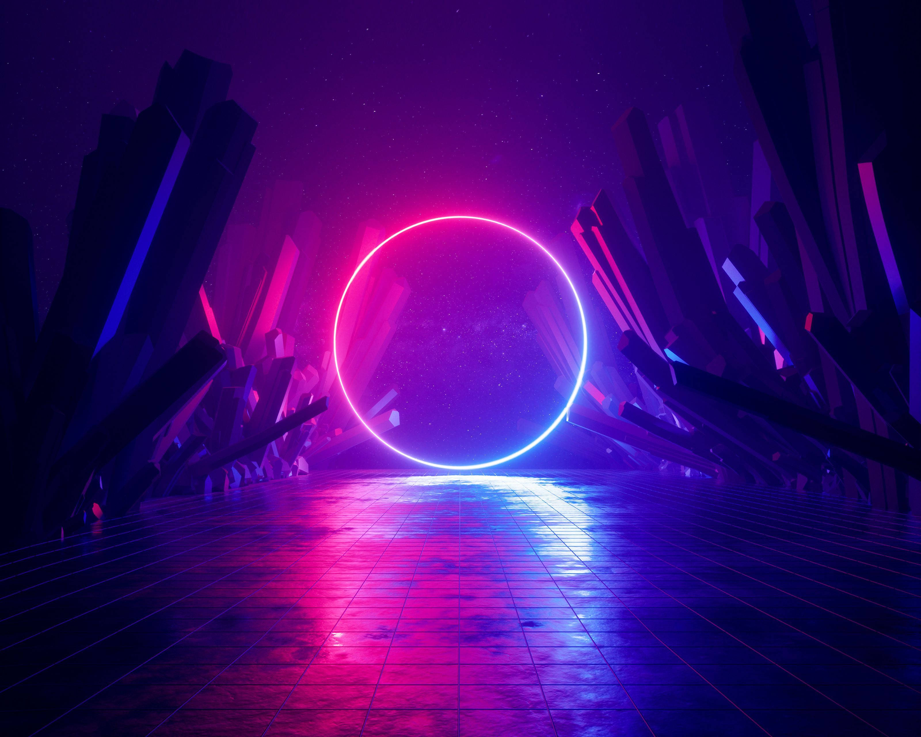 neon ring, starry void, jagged crystalline structures, 2K Desktop Wallpaper