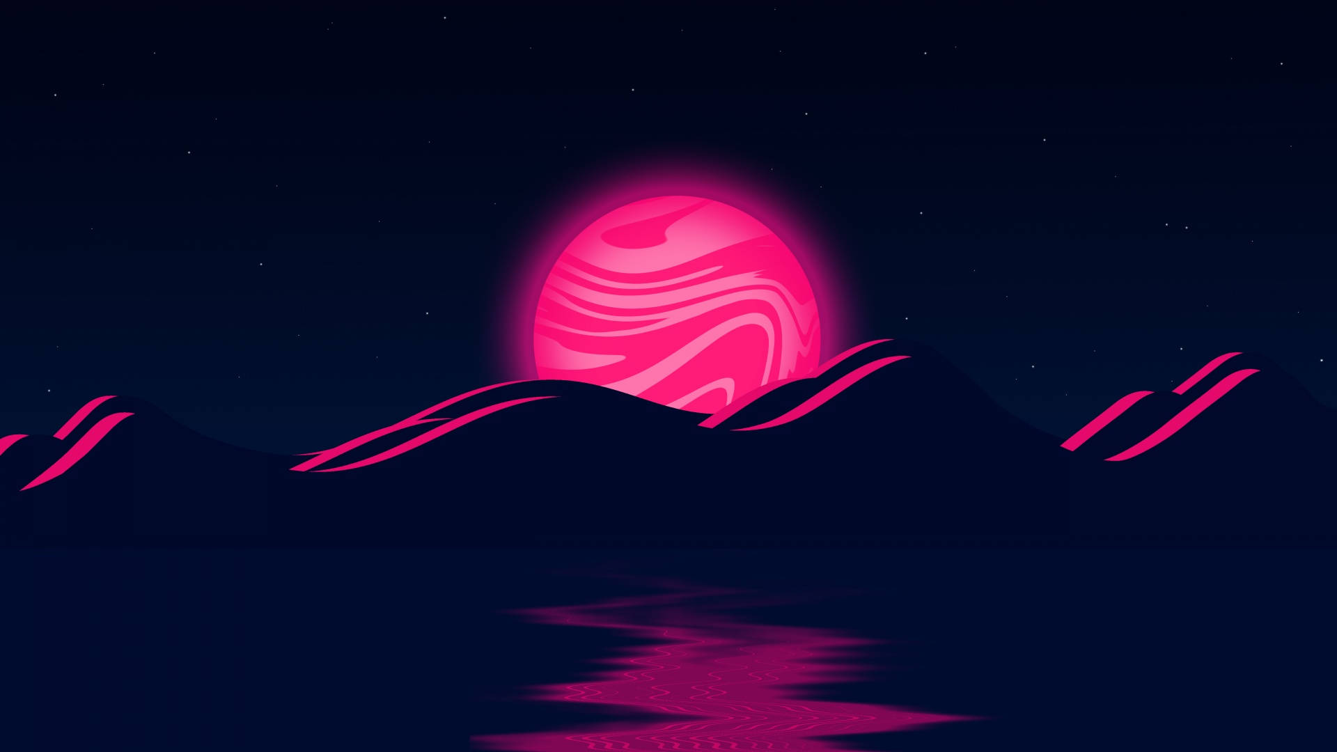 Neon Moon, pink waves, glowing pink planet, Full HD Desktop Wallpaper