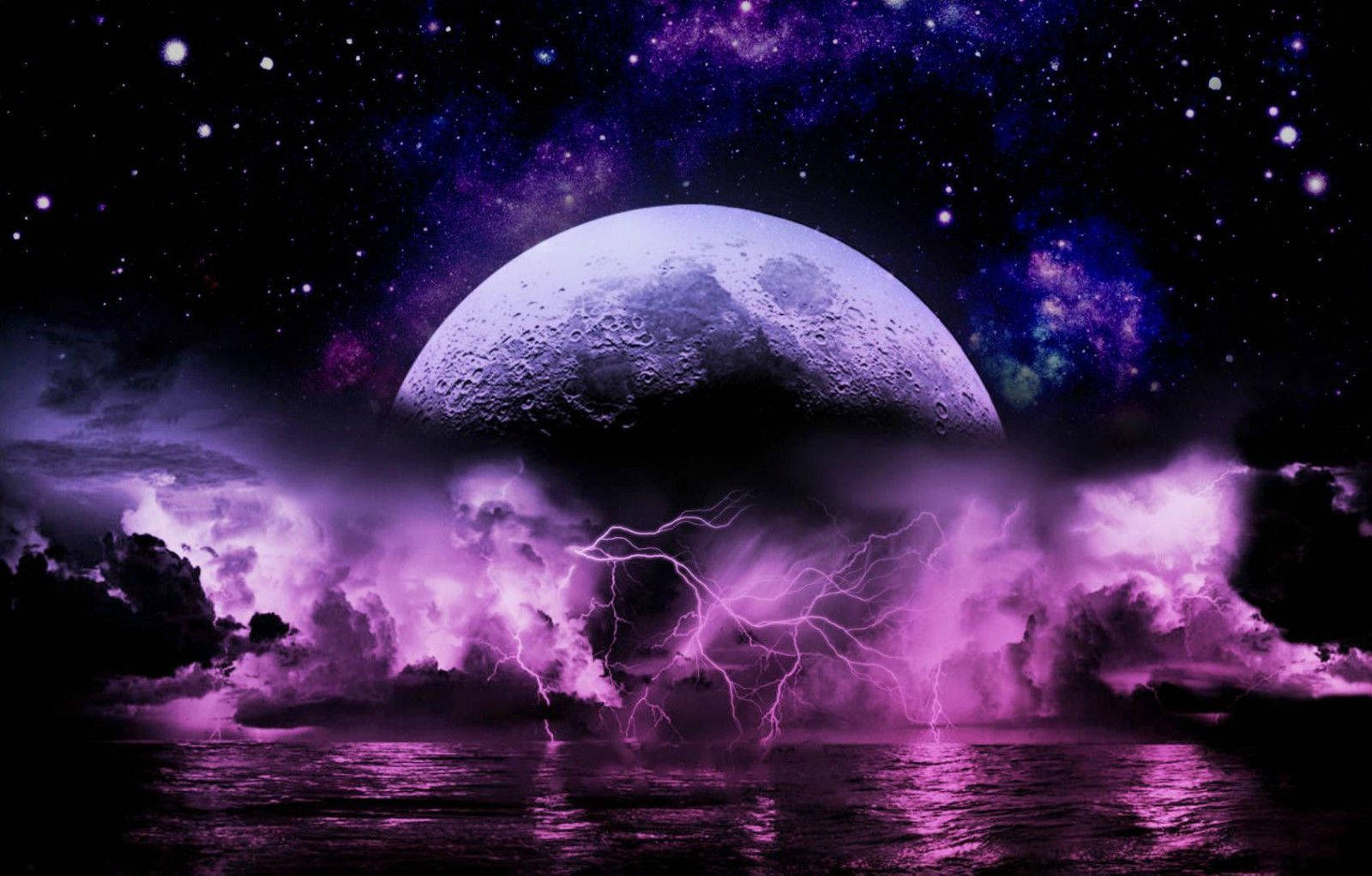Neon Moon, Purple Storm, stormy purple sea, HD Desktop Wallpaper