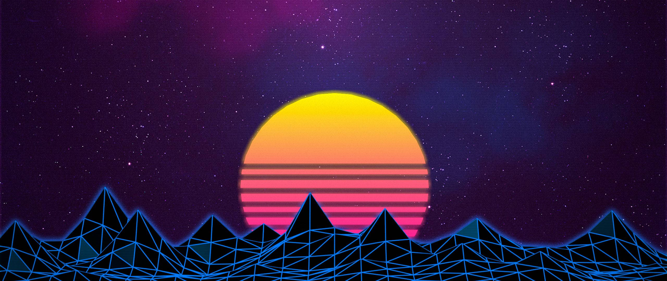 retro moon, striped orange sun, glowing blue geometric mountains, 2K Desktop Wallpaper