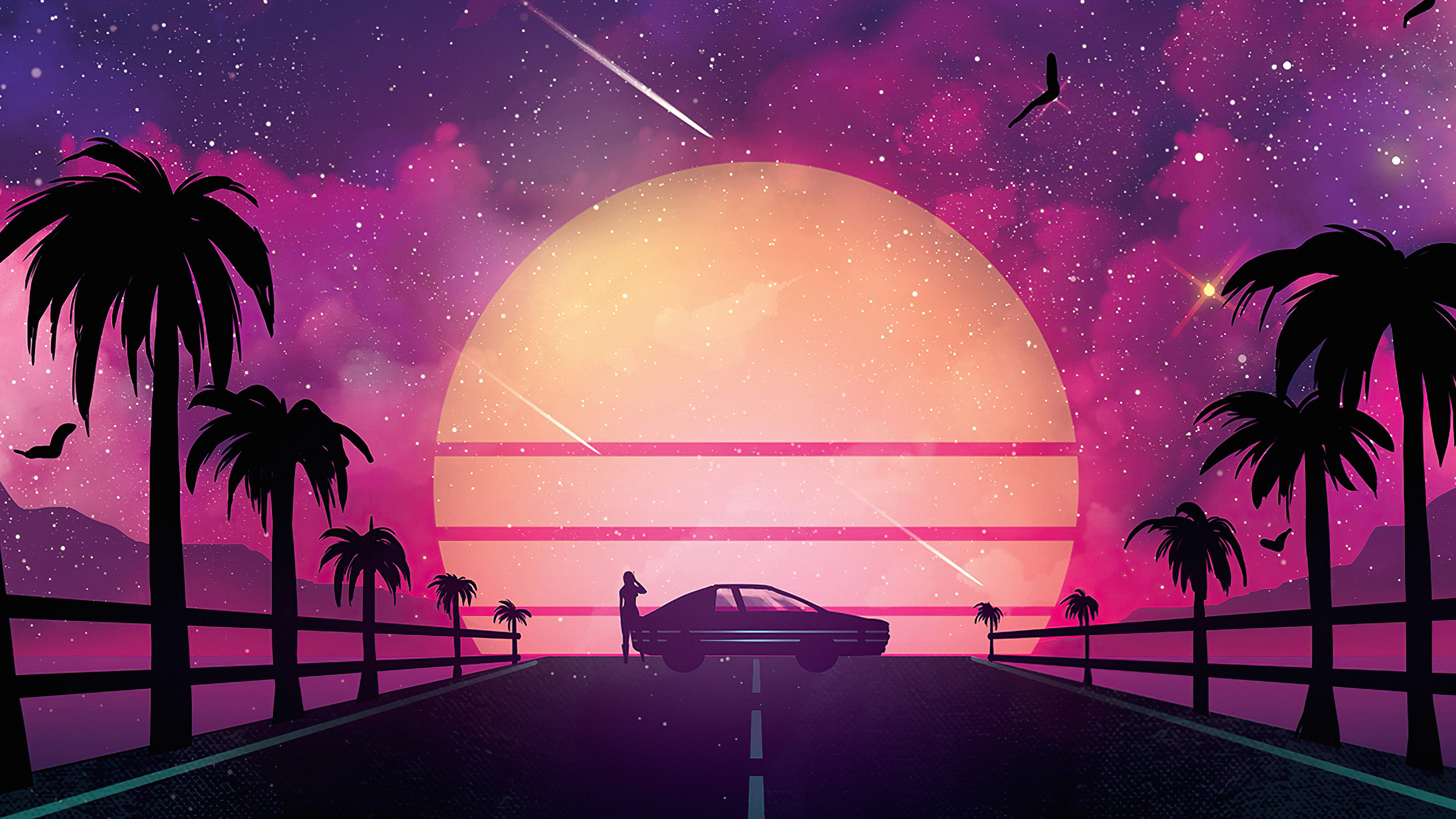 Neon Lights Moon, giant sunset, palm trees, 5K Desktop Wallpaper