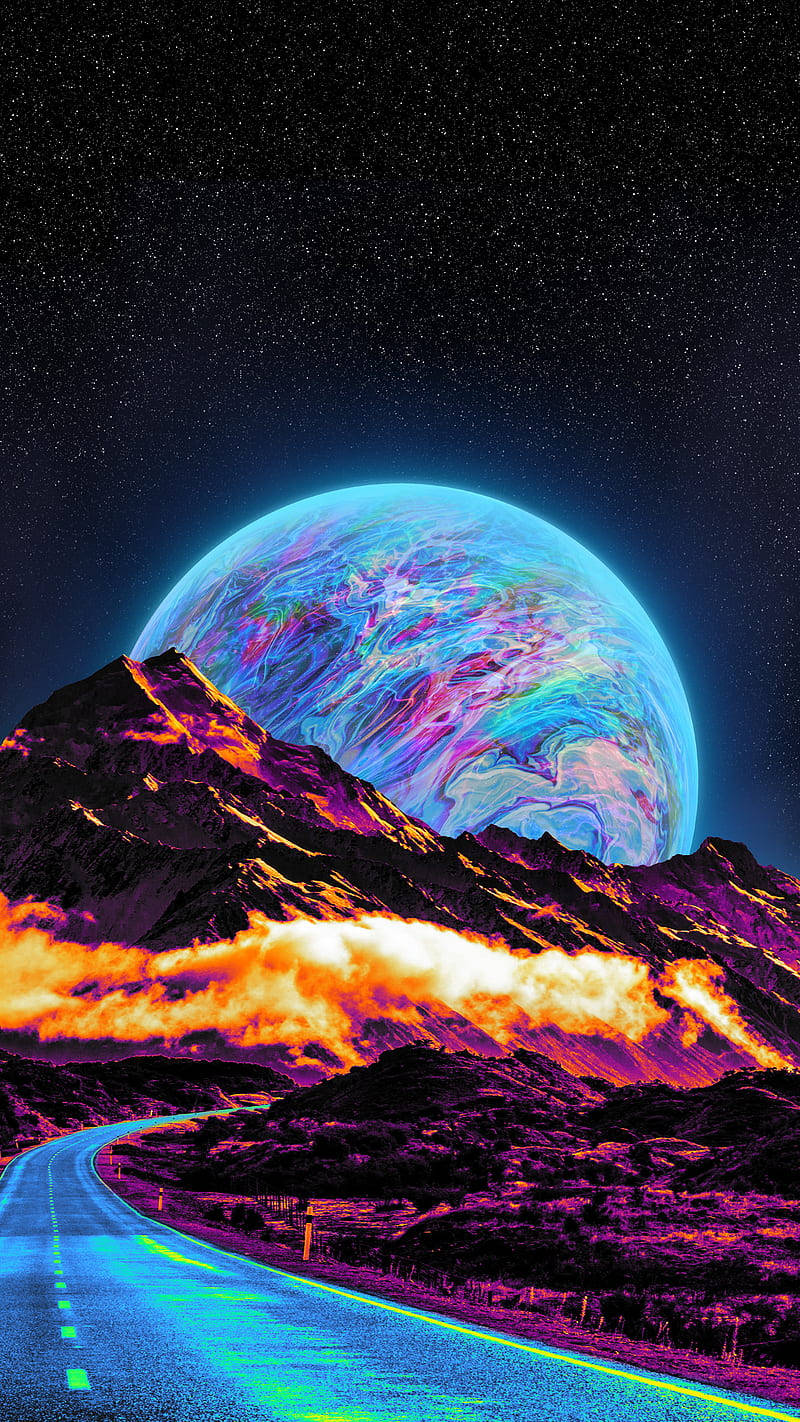 neon road, purple mountains, massive colorful planet, HD Phone Wallpaper