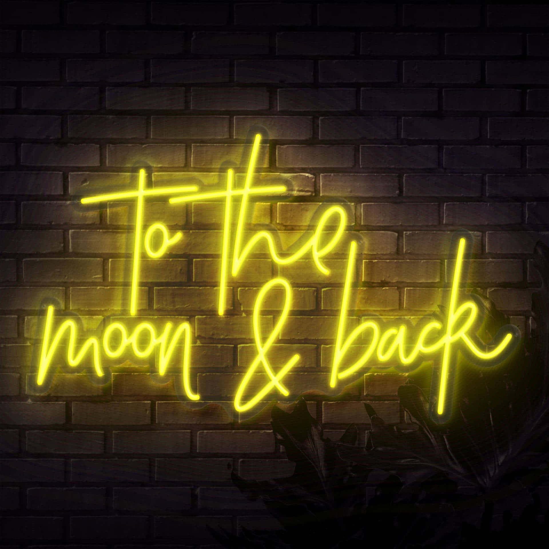 yellow neon light, to the moon & back neon sign, dark brick wall, Full HD Desktop Wallpaper