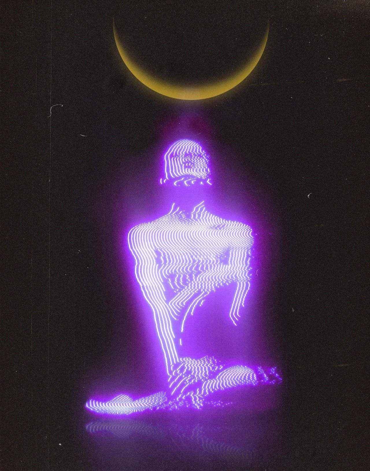 crescent moon, purple neon figure, yellow crescent moon, HD Phone Wallpaper