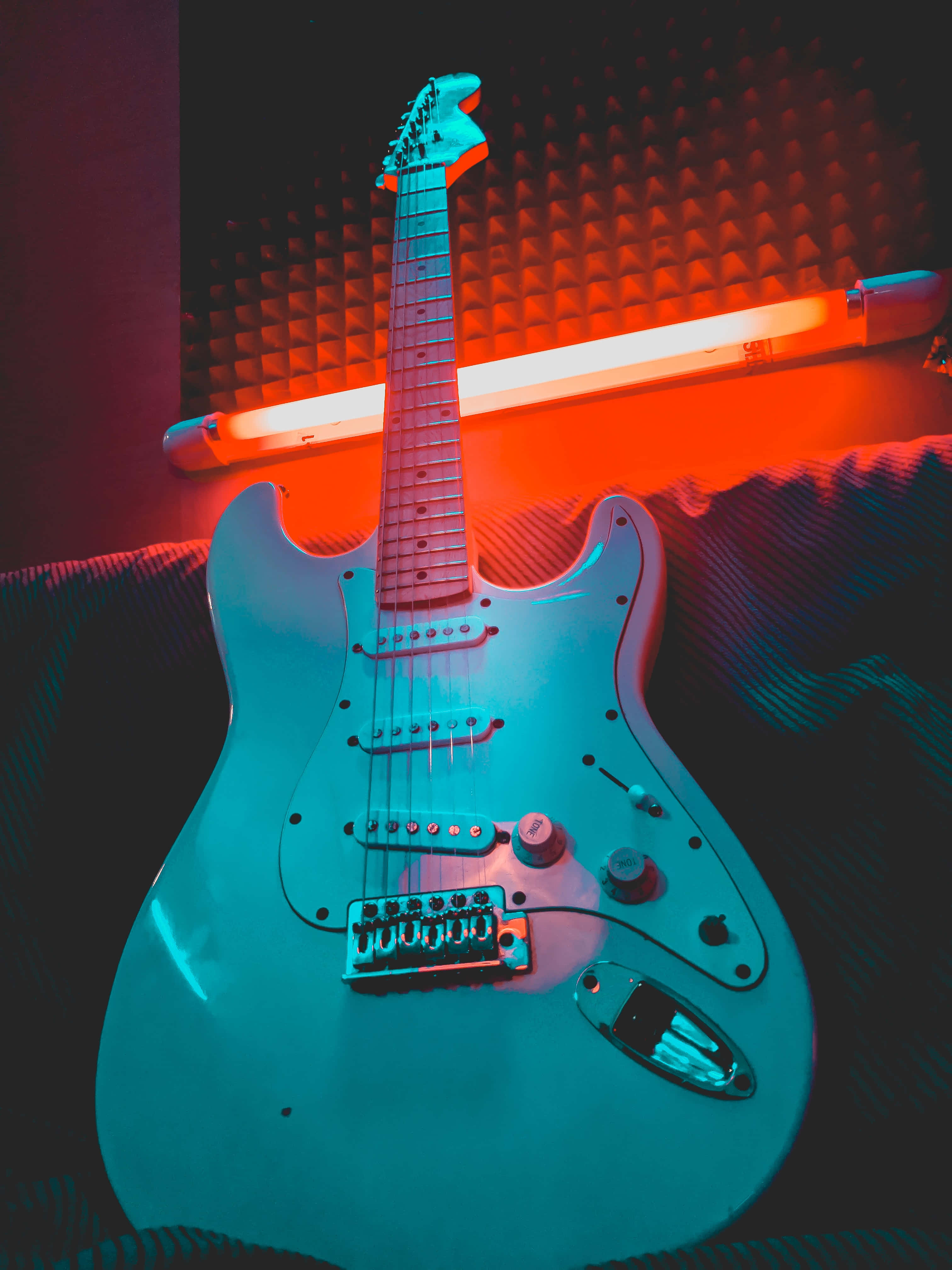 neon blue, neon orange, white electric guitar, 4K Phone Wallpaper