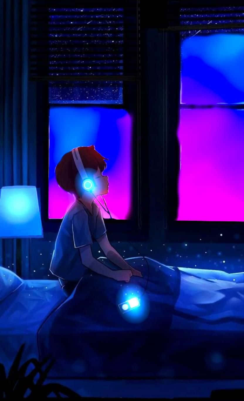 anime character, glowing headphones, blue and purple light, HD Phone Wallpaper