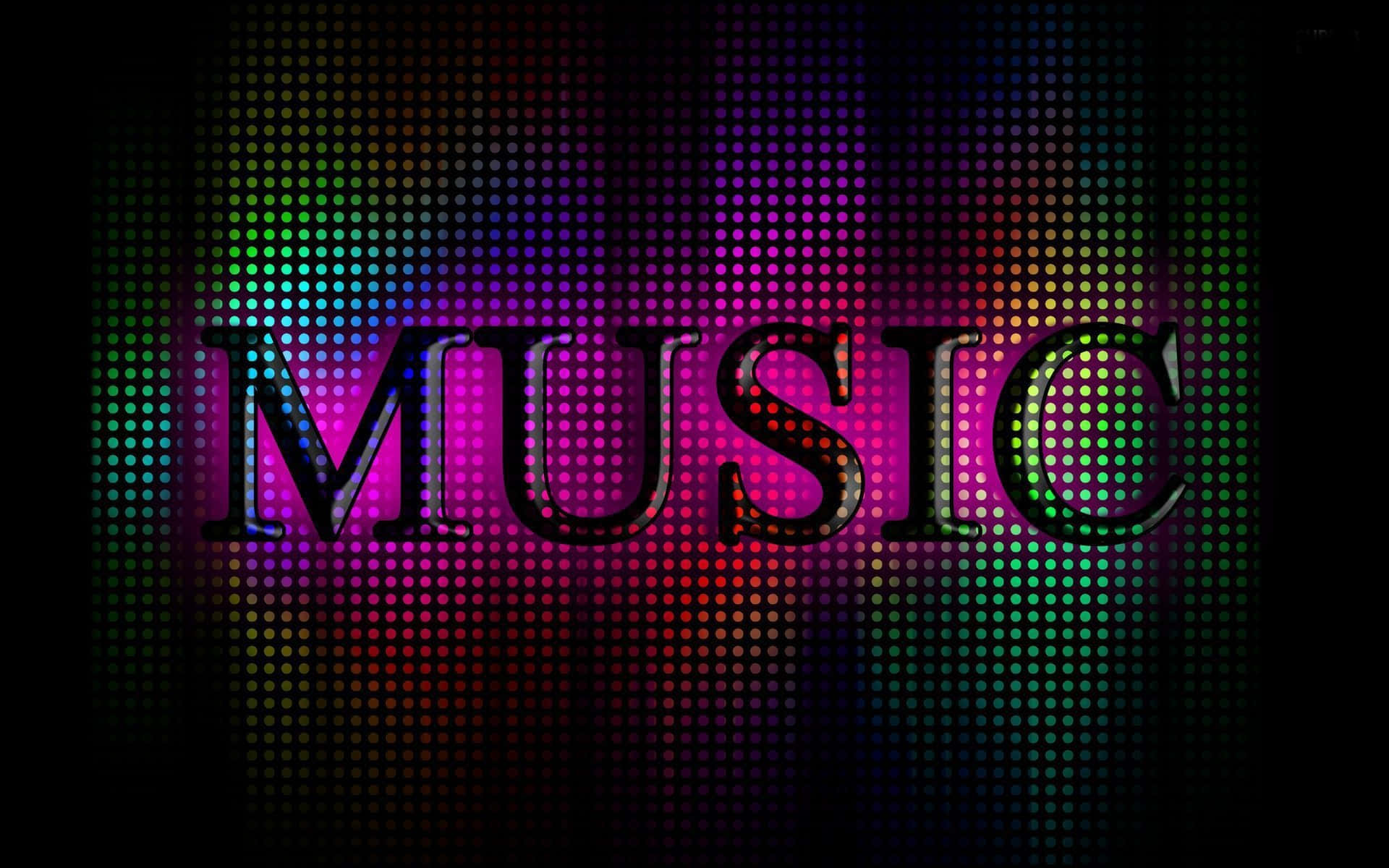 Vibrant Neon Music Sign, MUSIC, rainbow dot-matrix background, Full HD Desktop Wallpaper