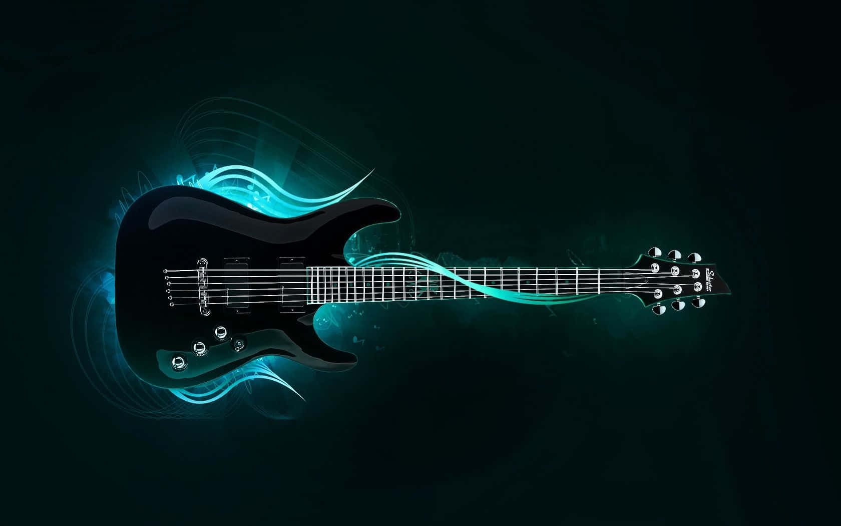 sleek black electric guitar, vibrant teal energy waves, dark background, HD Desktop Wallpaper