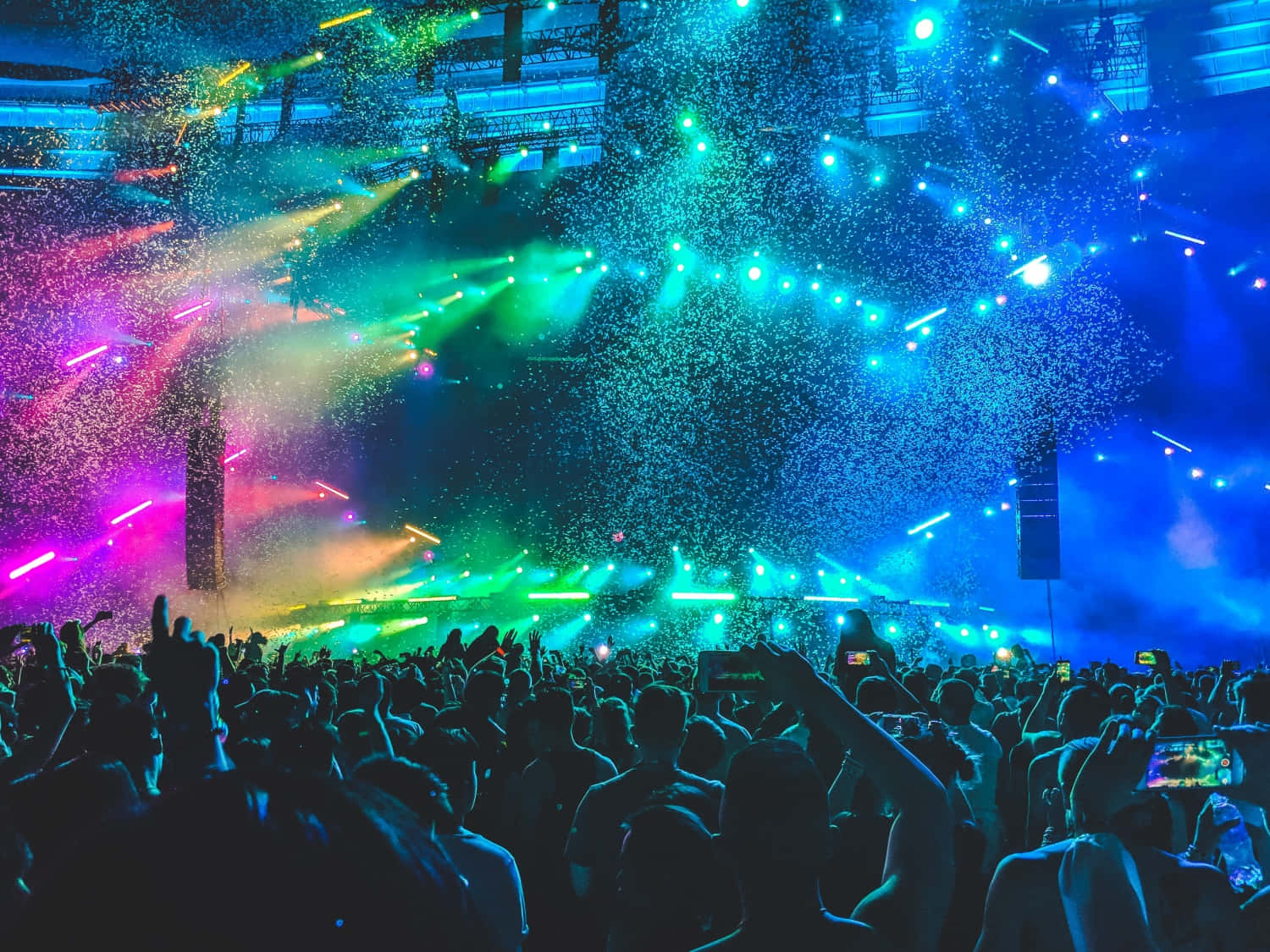 vibrant neon lights, falling glitter, dark ceiling, HD Desktop Wallpaper